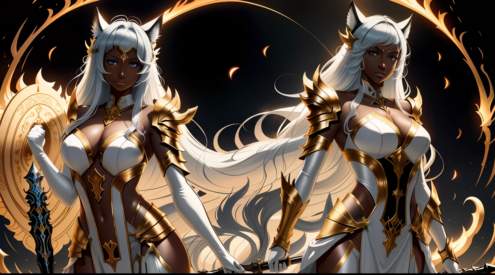 FantasyStyle_Red, armor,
outdoors, extremely detailed, details, masterpiece, ((illustration)), 4k, 8k, high quality, highres, lighting, cinematic, award-winning, 1girl, tall, Dehya, long hair, cat ears ((dark-skinned female:1.4)), jewelry, blue eyes,
dehya \(genshin impact\),huge weapon, PunkAI