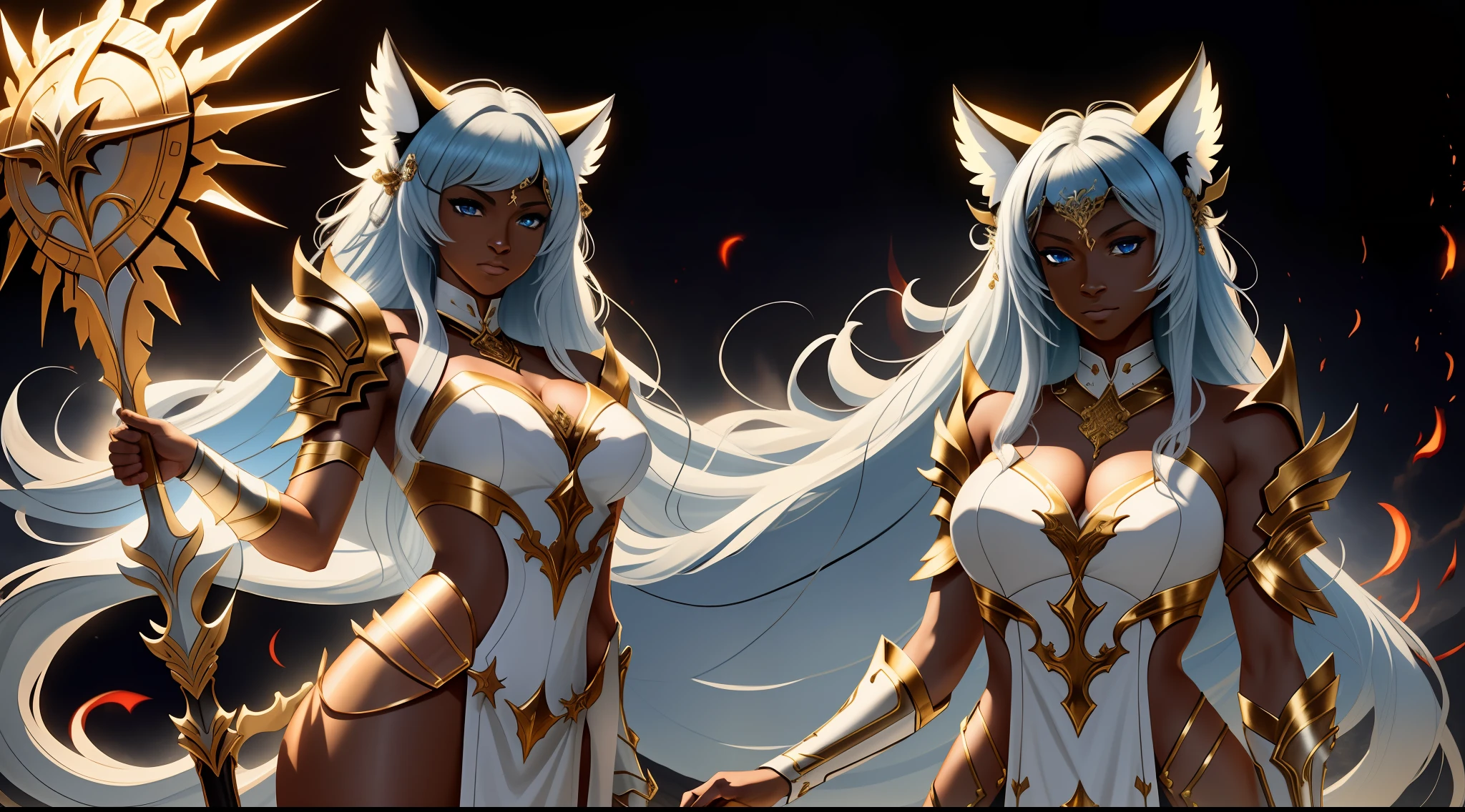 FantasyStyle_Red, armor,
outdoors, extremely detailed, details, masterpiece, ((illustration)), 4k, 8k, high quality, highres, lighting, cinematic, award-winning, 1girl, tall, Dehya, long hair, cat ears ((dark-skinned female:1.4)), jewelry, blue eyes,
dehya \(genshin impact\),huge weapon, PunkAI
