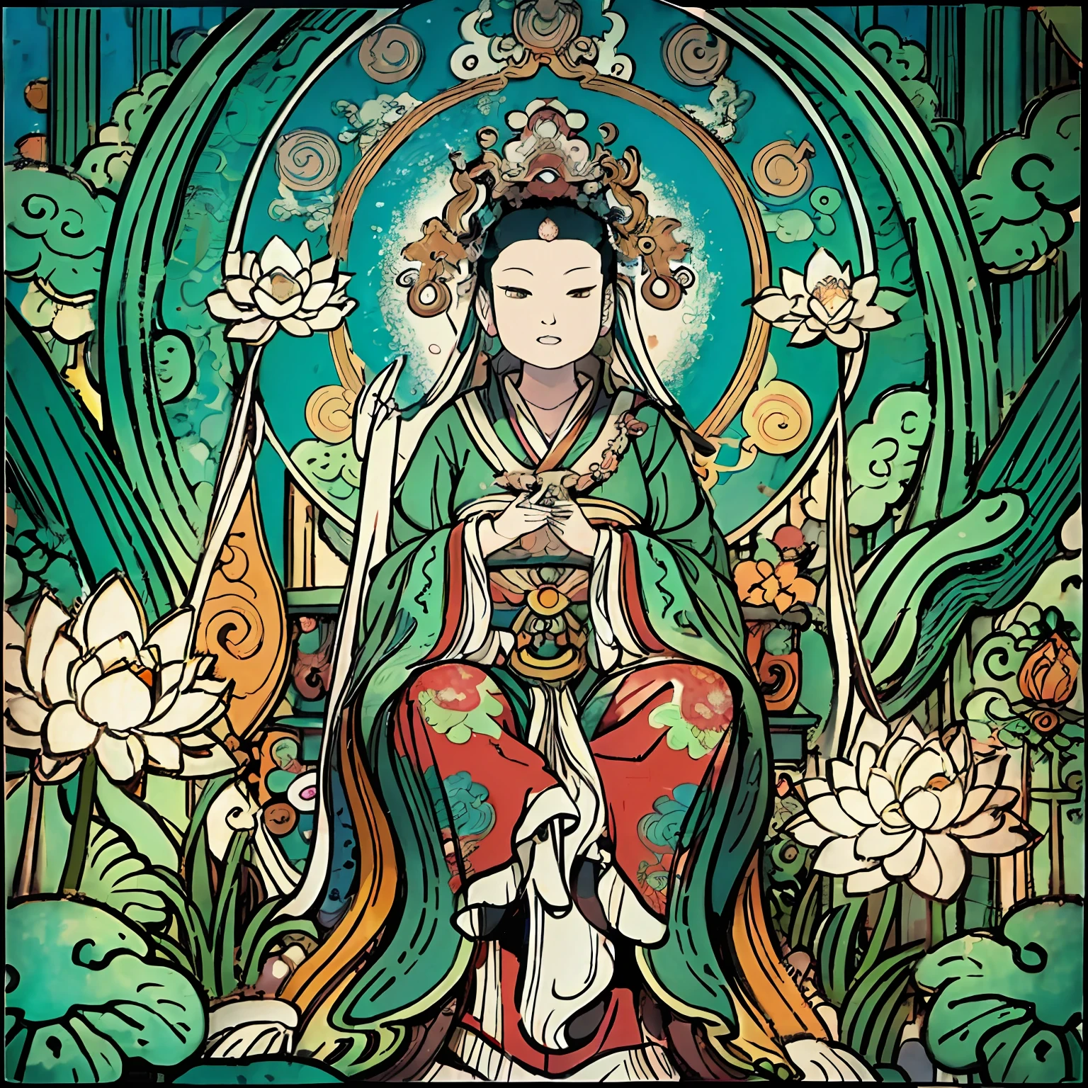 Guanyin sits on a lotus throne, Guanyin Bodhisattva, Avalokitesvara, lotus flowers in the foreground, Clear fingers, Clear and distinctive toes, Clear and vivid facial features,jewelry, leafs,Oriental dragon in the background