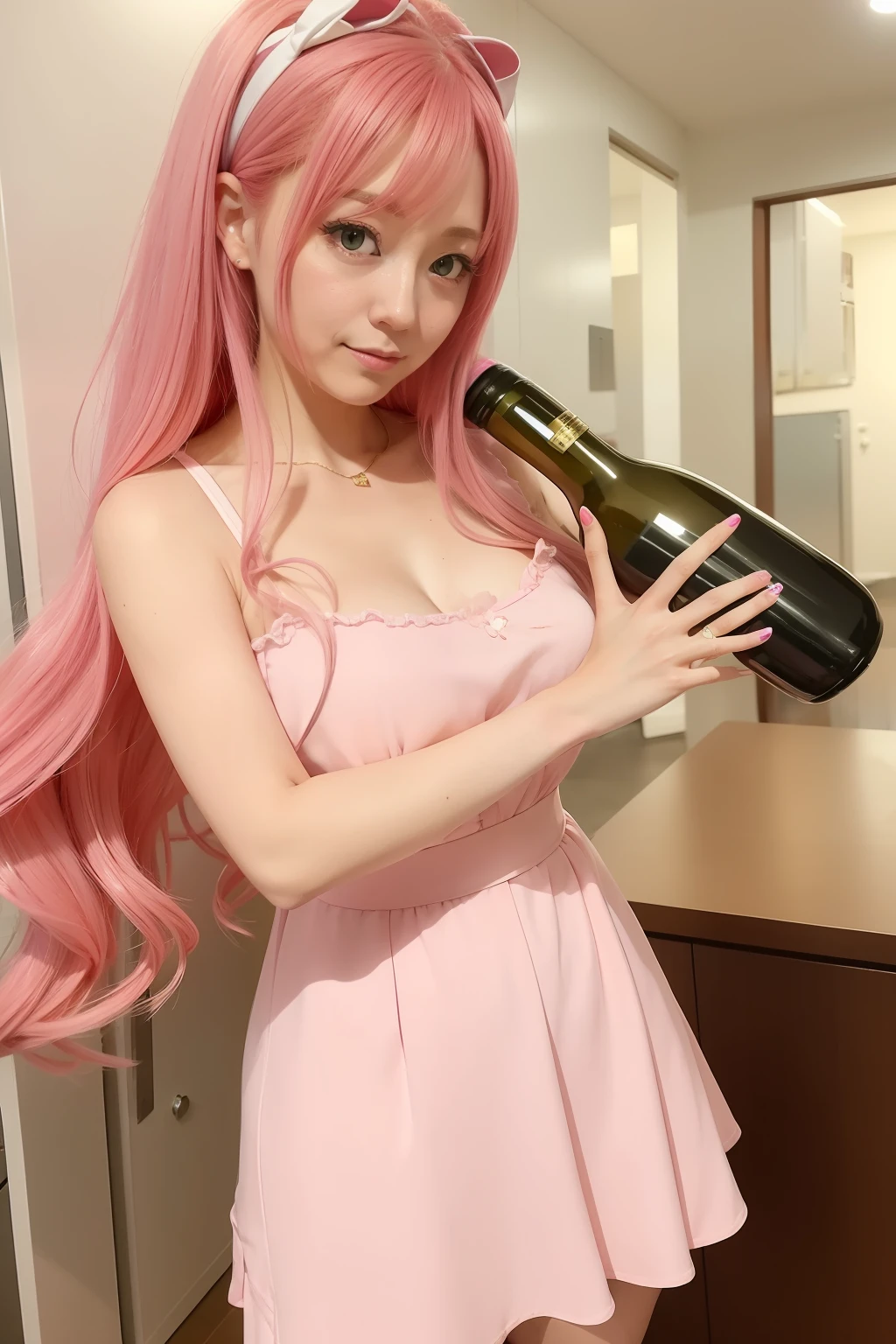 Pink haired anime girl holding a bottle of wine in her hands, rei hino as a princess, marin kitagawa fanart, Yayoi Kasuma, illustrious makinami, during night!!, inspired by Leiko Ikemura, made with anime painter studio, Misato Katsuragi, Anime girl named Lucy, Wallpaper!, juri misaki, anime girl drinks energy drink