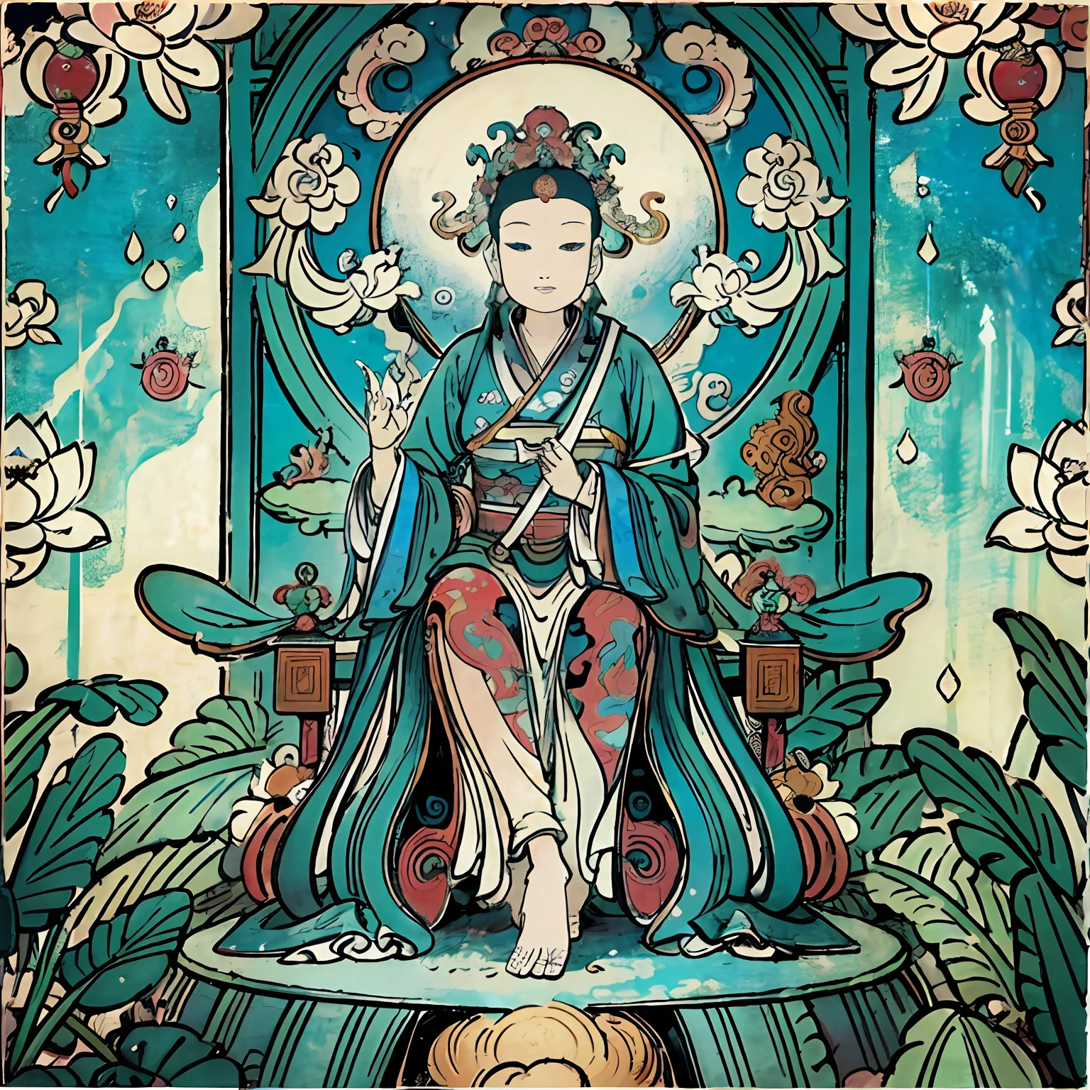 Guanyin sits on a lotus throne, Guanyin Bodhisattva, Avalokitesvara, lotus flowers in the foreground, Clear fingers, Clear and distinctive toes, Clear and vivid facial features,jewelry, leafs,Oriental dragon in the background