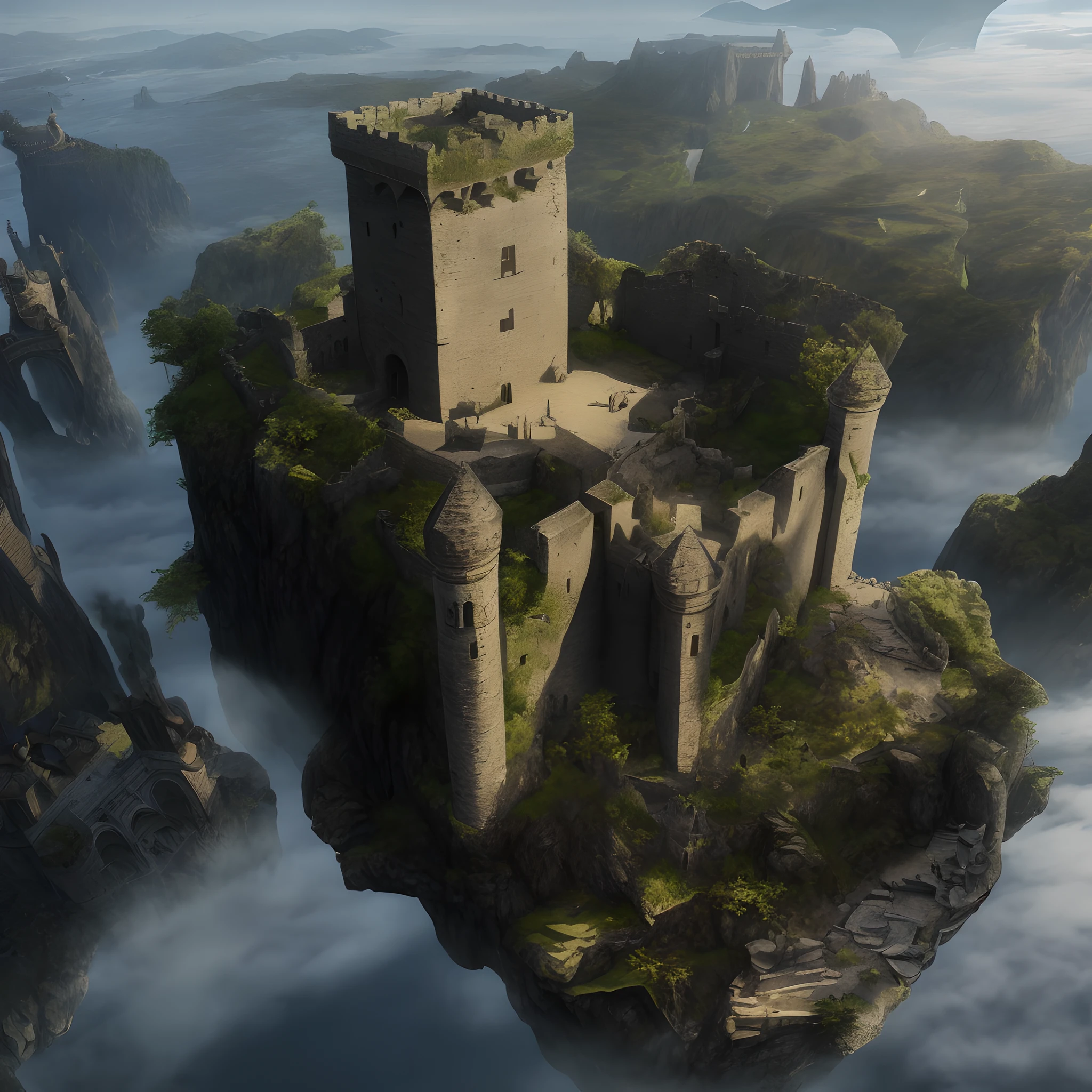 there is a castle on a small island in the middle of the mountains, abandoned castle in the sky, flying cloud castle, rendered in unrealengine, realistic fantasy render, rendered in unreal engine 3, high fantasy castle, rendered in unity 3 d, rendered in unreal engine 3d, giant medieval tower concept art, a medieval keep, rendered in the unreal engine