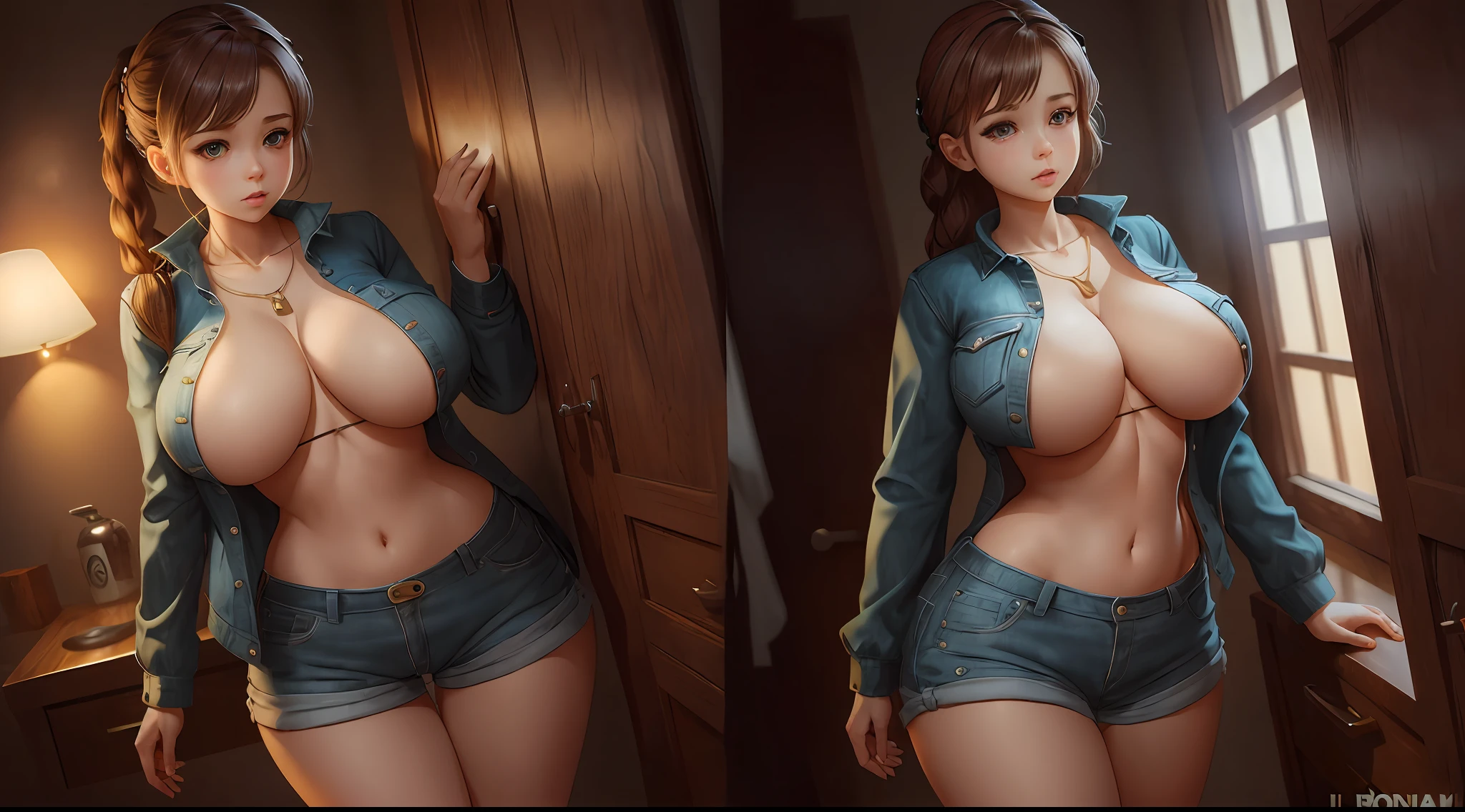 A girl, big boobs, Too short clothes, Short pants, Big waist, Look like a real person, ultra realistic, full, extremely detail, high quality