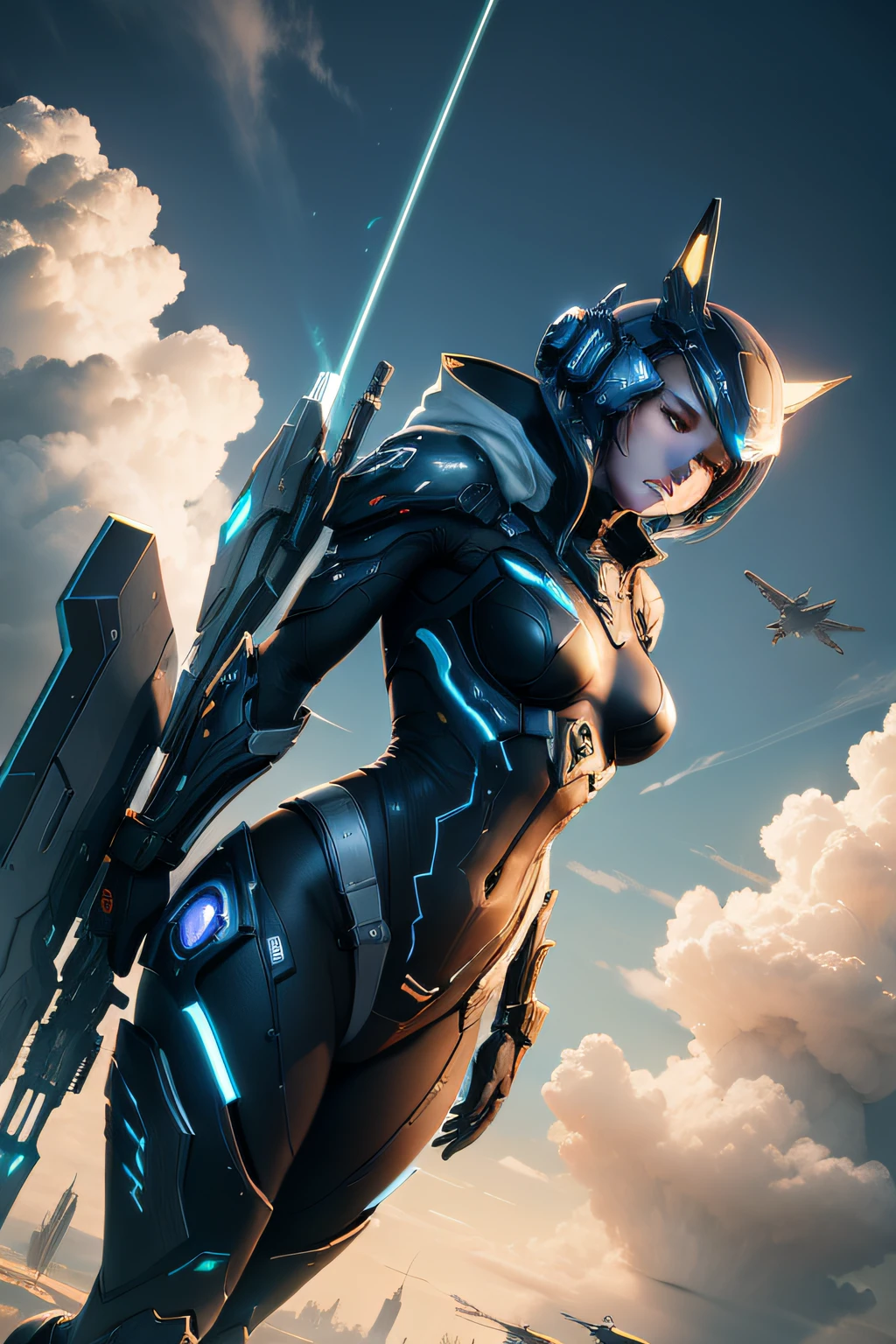 Skysky， Clouds， holding_weapon， no_humans， Glow， Warframe robots，Planes、 buliding， scientific fiction， 城市， Realistis --v6