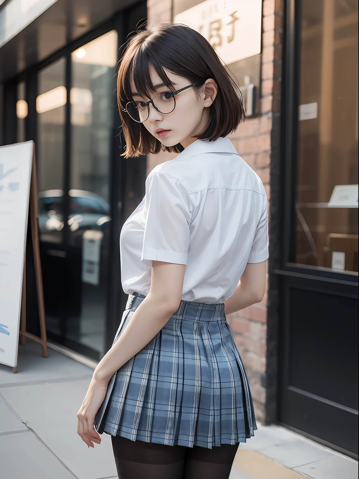 (8K、Raw photography、top-quality、masterpiece:1.2),big butts,Peach-butt,Bullish,Muchimuchi,Erotic,Pupils,Light Blue Bra,de pele branca,kne,(Black pantyhose),absurderes,a small face,small tits,flat breast,Parting the bangs from the middle、Forehead visible,(a cold expression,Tight eyes,glares,Bullish,skinny,Rasping,irate)、masterpiece,top-quality、超A high resolution,Raw photo,ren,Beautiful fece,One Person, 独奏,eye glass,,Dark look,Small breasts,fullllbody,Round glasses、cute little、Back to Student,JK school uniform,hi-school girl,A Japanese Lady,is standing,(Photorealsitic:1.37)、Photon mapping,Realistic、Cute little face,Brown-eyed、Black socks、(Red bow tie)、Radio City、Physically Based Rendering、Foreground、depth of fields、Blurry background、a picture,The girls、Body,beauty legs, Long legs, Thin leg,Long bob cut,(Bangs are visible), hair, s lips, Blue_The eye, nosesoft,(Light blue shirt), (Navy and blue and white plaid pleated skirt), Knees are visible,Sheer clothing,, Thigh, Black cotton socks,Nogizaka Idol, 女優, Japanese ido