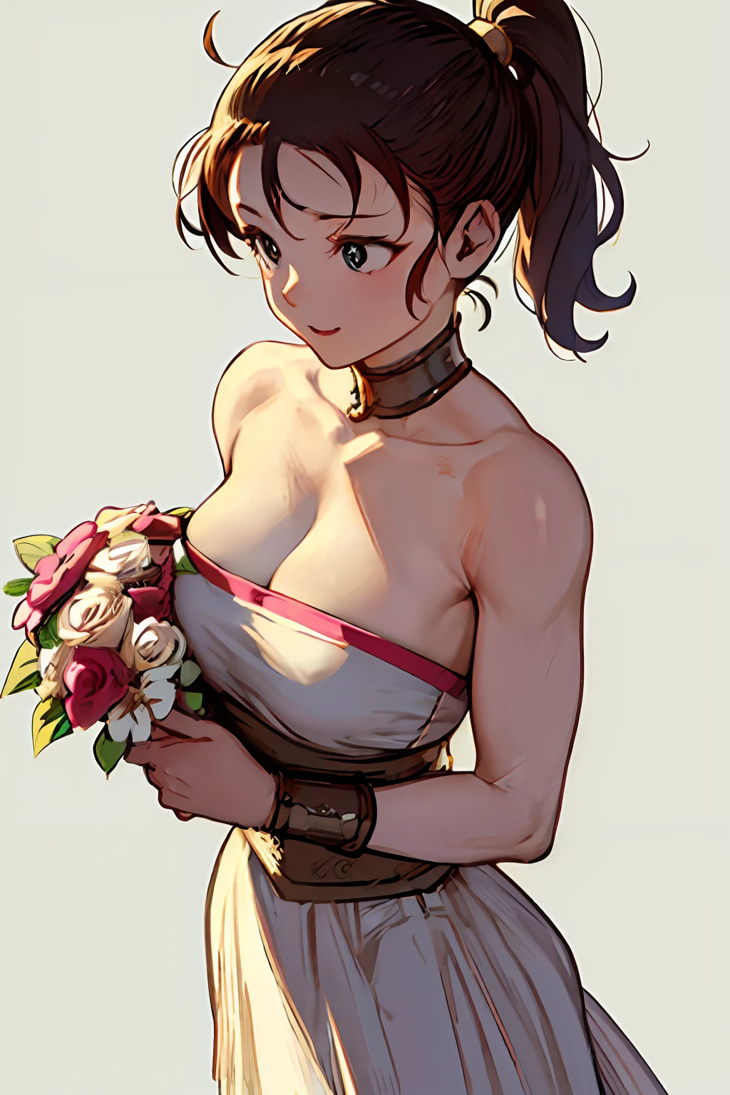 Chun LI , masterpiece, best quality, wedding dress, bouquet, smile, big chest , cute