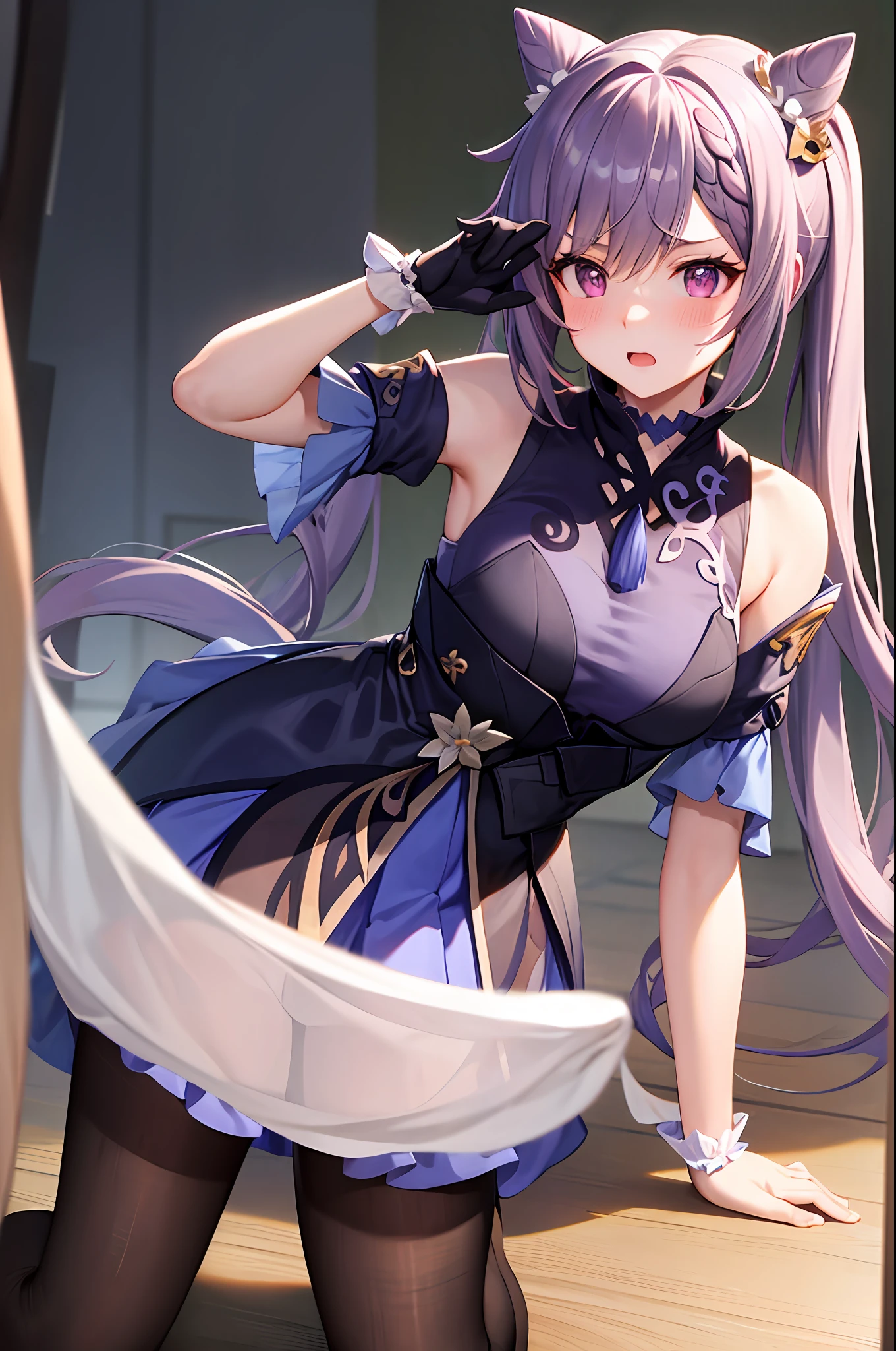 Bundle hands,Scared expressions,Double ponytail,white stocking,on cheongsam,Can see underwear ,HD 4K graphics,kneel,Blush face