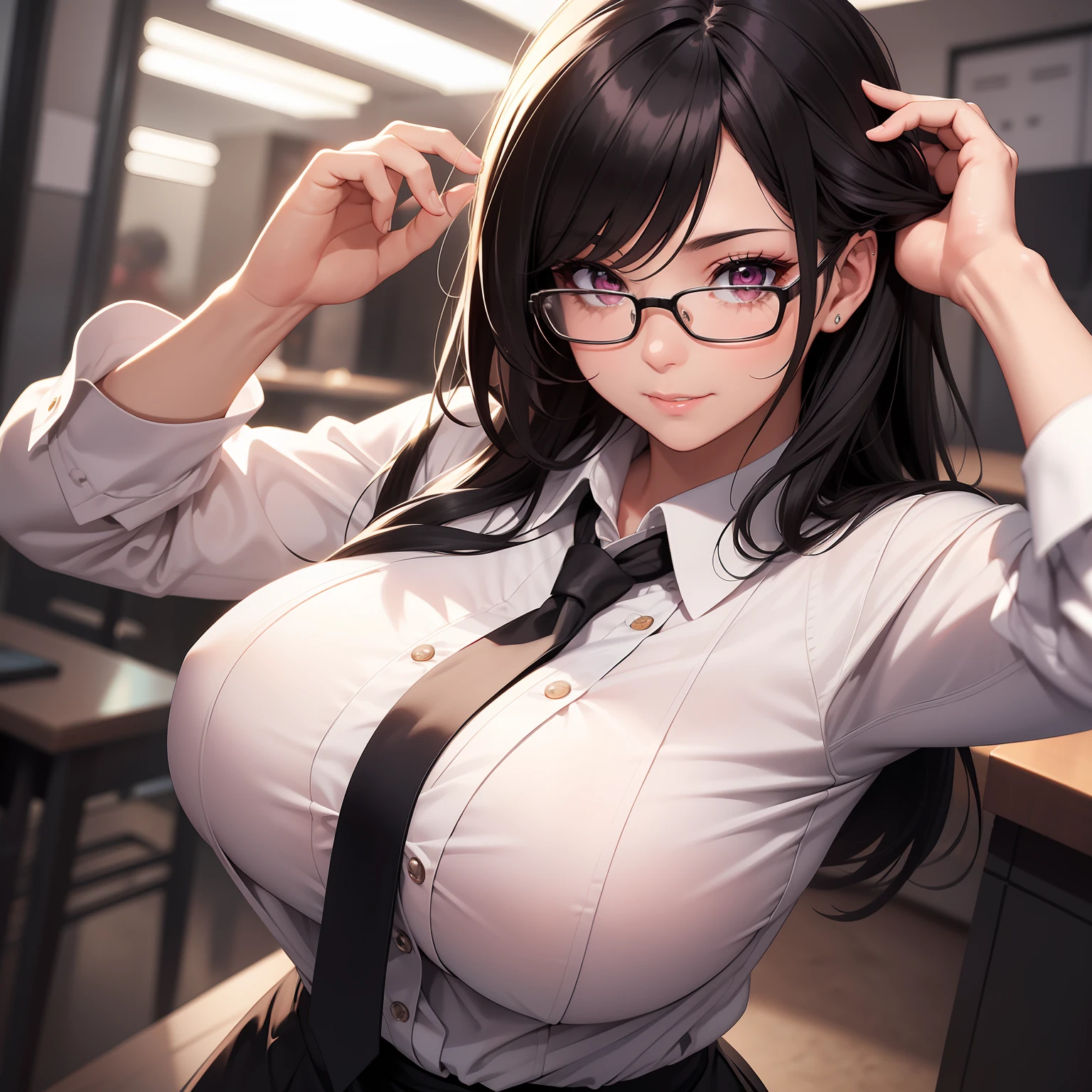 masterpiece, best quality, extremely detailed CG, beautiful detailed eyes, ultra detailed and intricate details: 1.2), 8k wallpaper, elaborate features, (1girl, solo: 1.4), (realistic textures: 0.8), tall, cute, (vibrant colors, dynamic lighting: 1.0), (high contrast: 0.8), (shooting hair, black hair: 1.3), ,(best quality, masterpiece 1.2), detailed, 1girl, solo, looking at the viewer, simple background, over-shoulder shot, selfie, dynamic pose, evil smile, detailed eyes, full body, pink eyes, very long long dark hair, office lady, mature man, tie, glasses, very short short miniskirt, blushing, nervous (very very big tits huge 1.4), big thighs, red cheeks, big cheeks, big cheeks, hands up