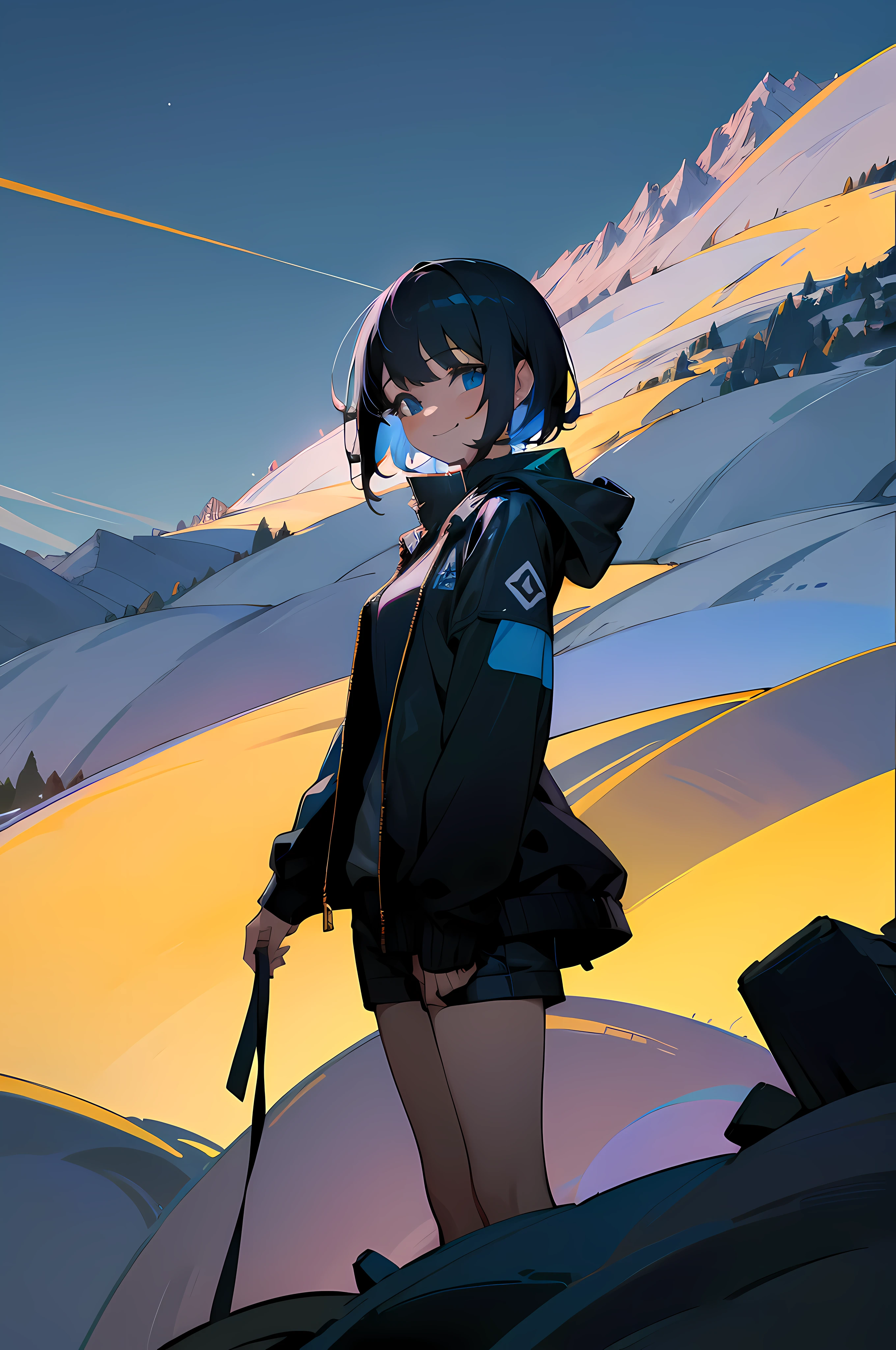1 girl, short black hair, shining blue eyes, wearing black jacket, short pants, mountain, night time, high res, ultrasharp, 8k, masterpiece, looking at viewer, peace pose, smile