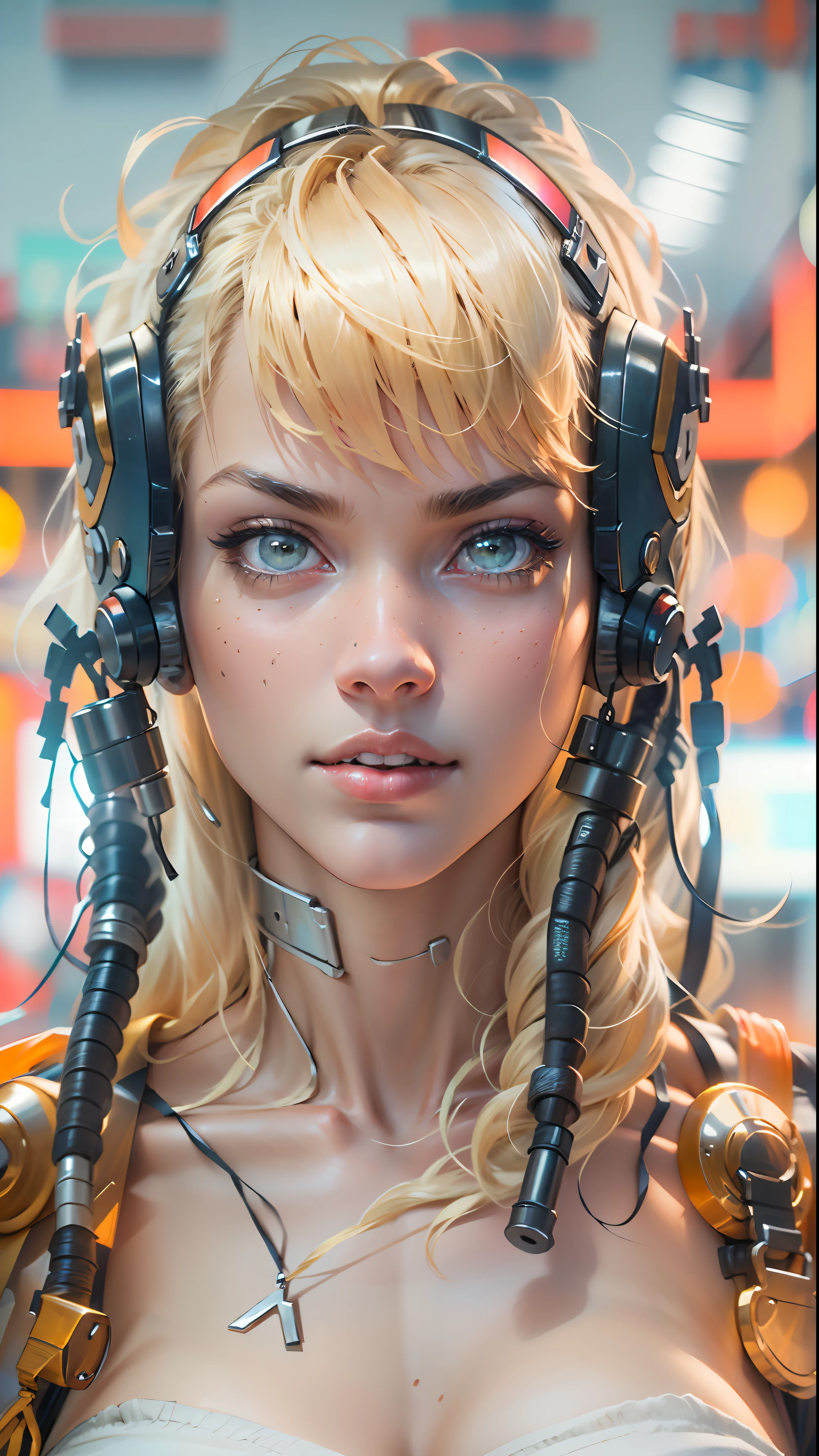 Beautiful cybernetic blonde girl looking at the camera in the underwear detailed muscles realistic masterpiece, Pose ativa, action pose, luz LED |, Gold Parts, franja, cabelo curto, vista traseira, Costas