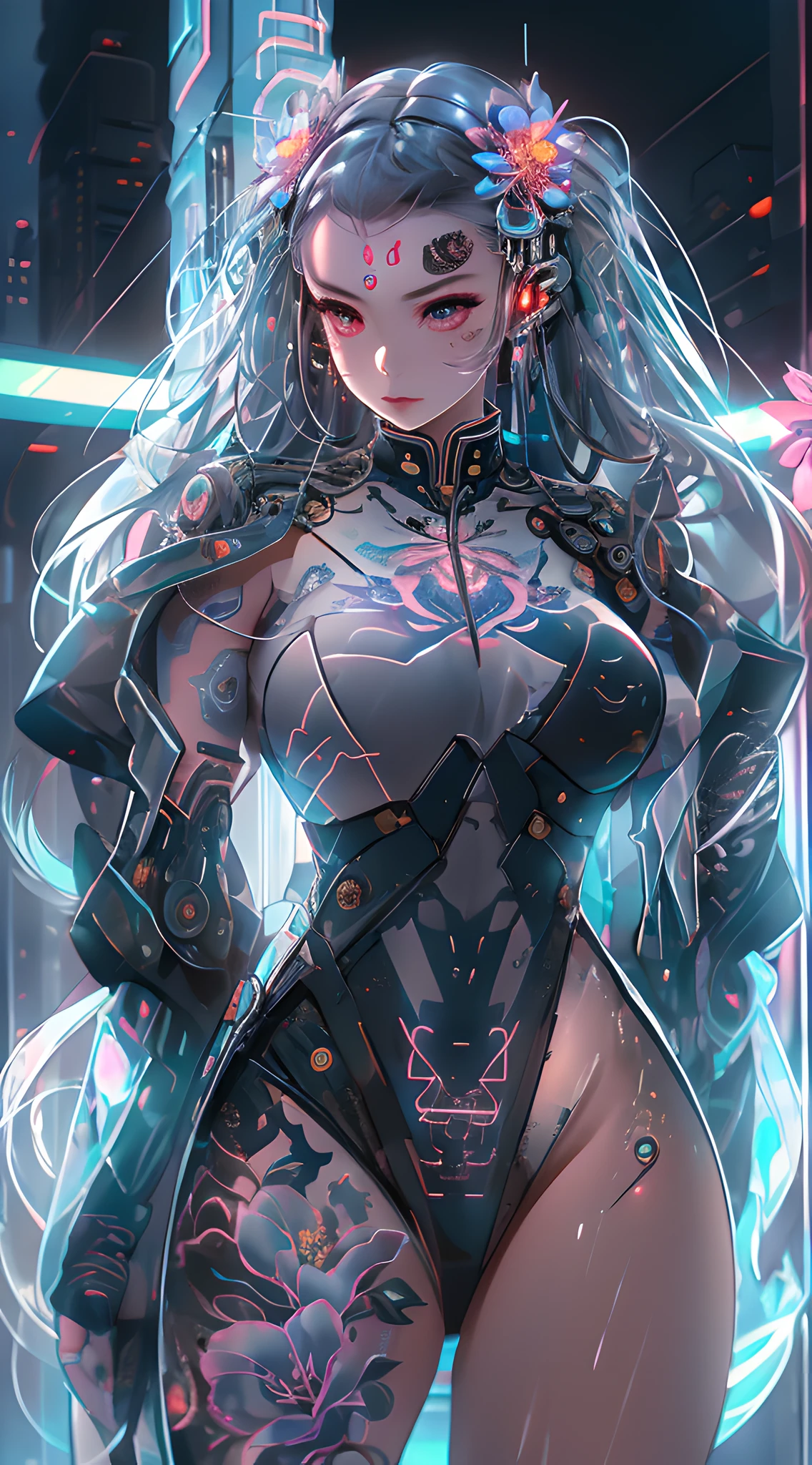 cyberpunk,skyscraper,city,alley,night,moon,beautiful detailed sky,best quality,Amazing,delicate,masterpiece,ultra high res,ultra detailed,highly detailed,intricate detail,beautiful detailed,8k resolution,professional lighting,physically-based rendering,cool,sharp focus,incredibly absurdres,cinematic lighting,ray tracing,1girl,solo,milf,dancer,white eyes,fangs,slit pupils,bright pupils,glint,determined,cyberhanfu,cheongsam, (full of machinery and futuristic element:1.5), futurism,stole,framed breasts,looking at viewer,hair ornament,long hair,silver hair,floating hair,hair strand,expressive hair,standing,gloves,(glowing flower tattoo:1.2)