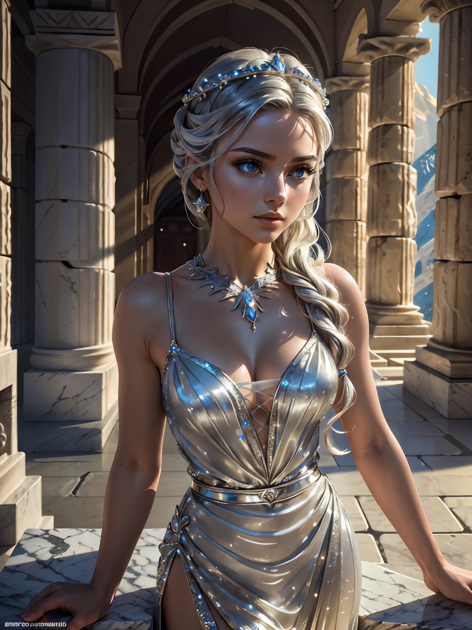 (masterpiece), (best quality), ((ultra-detailed)), (hyperrealistic), (highly detailed photo), cinematic lighting, photorealistic, extremely beautiful young lady in the marble rocks, dramatic pose, intricate detailed silver glittering ancient greek style dress, shining, gloss, crisp, flirty, epic, focus, artistic, very bright, intricate hairstyle