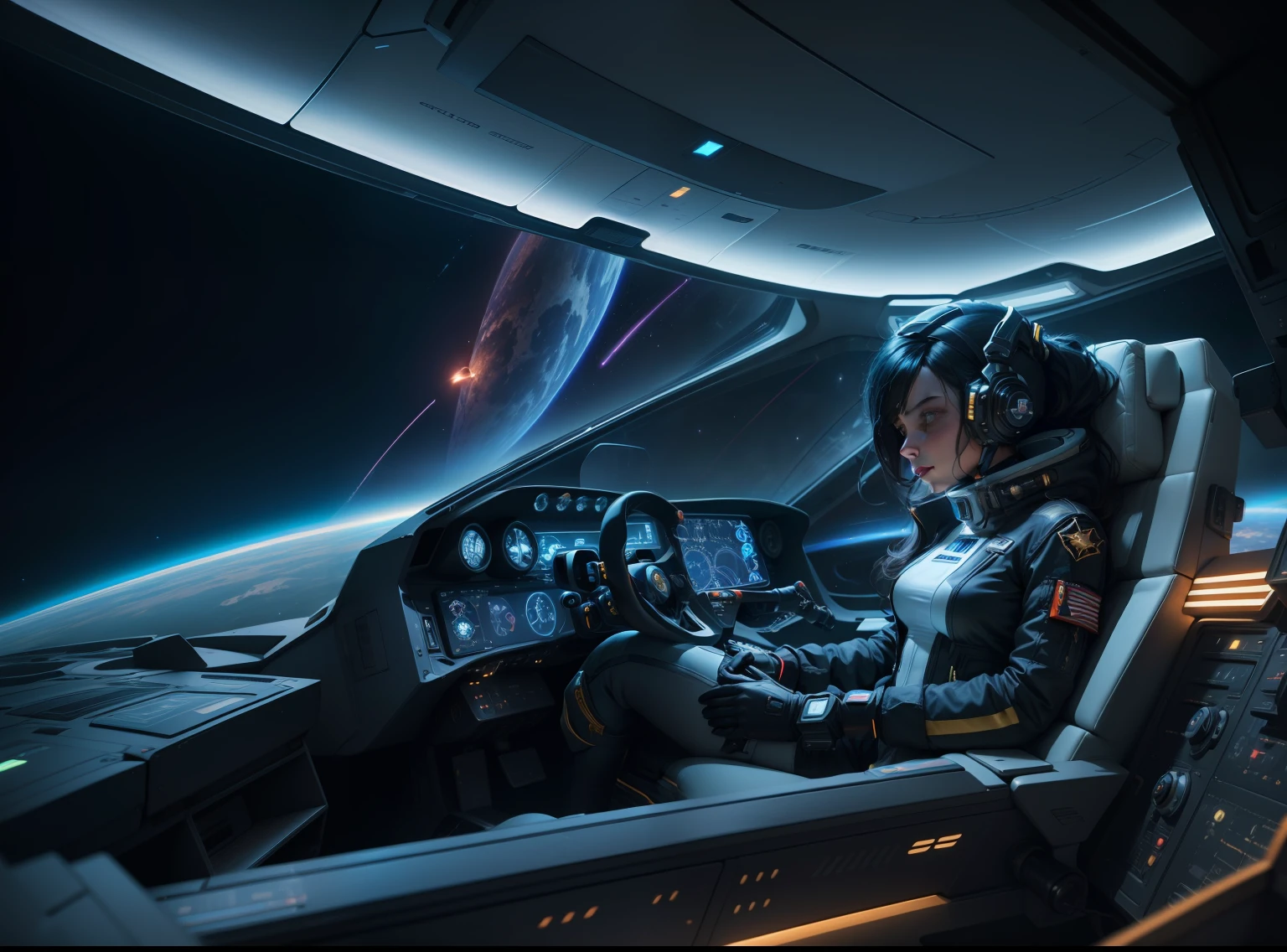 A exterior into interior cockpit, long shot of a vibrant cinematic photo of a beautiful vibrant female space adventurer seated in the captain's chair in deep space super sleek futuristic spaceship design of the future look at the intrepid commander of space adventurer in her planetary pursuit , octane render, high quality star sailor woman hyperdetailed space transport, dark forbidding planet system 24k photorealistic