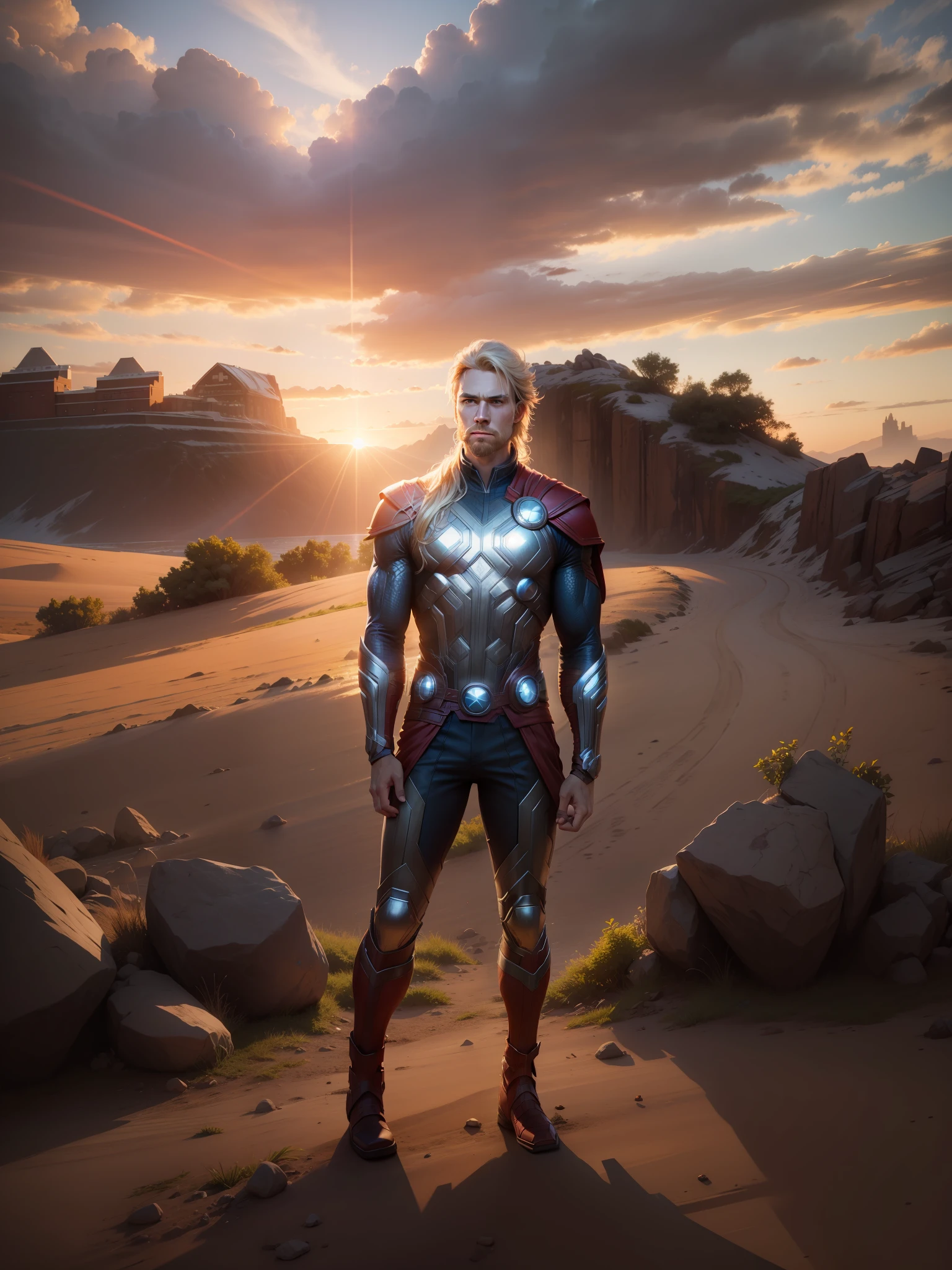 Comics marvel heroes Thor change background 8k ultra realistic real face same face sunset