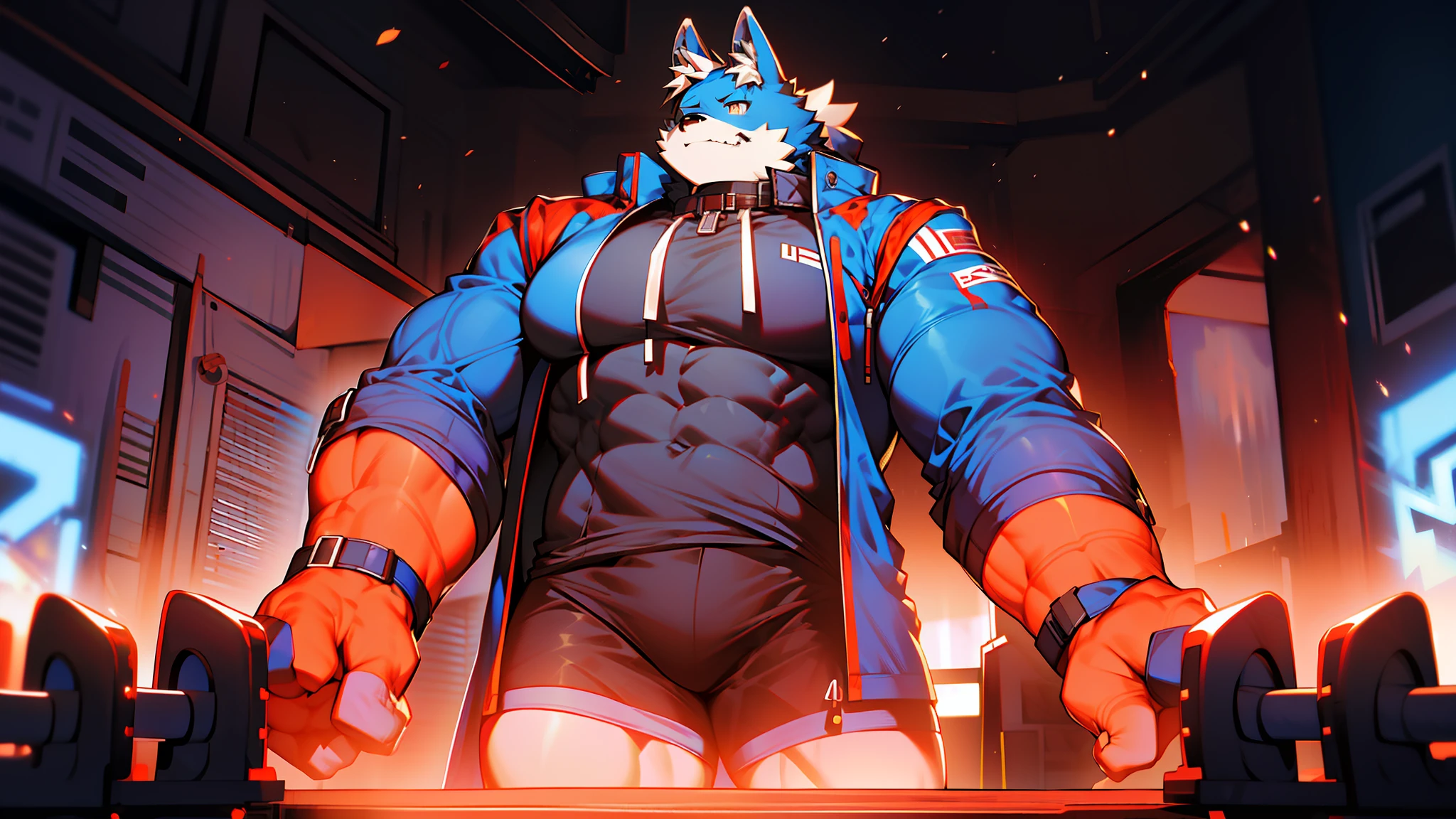 coyote，Furry，Blue hair，musculature，Muscle men，nakeness，Strong，ultraclear，Has a large ，Collar，Black  shorts，red pupils，Abs，Blue coat，The erection，Collar，Has a large ，der riese，tit，Solo，Stout arms，Storm jacket，Badge，Pronounced abs，Urban style，hold fists,Big ，frontage，Storm jacket，modern day