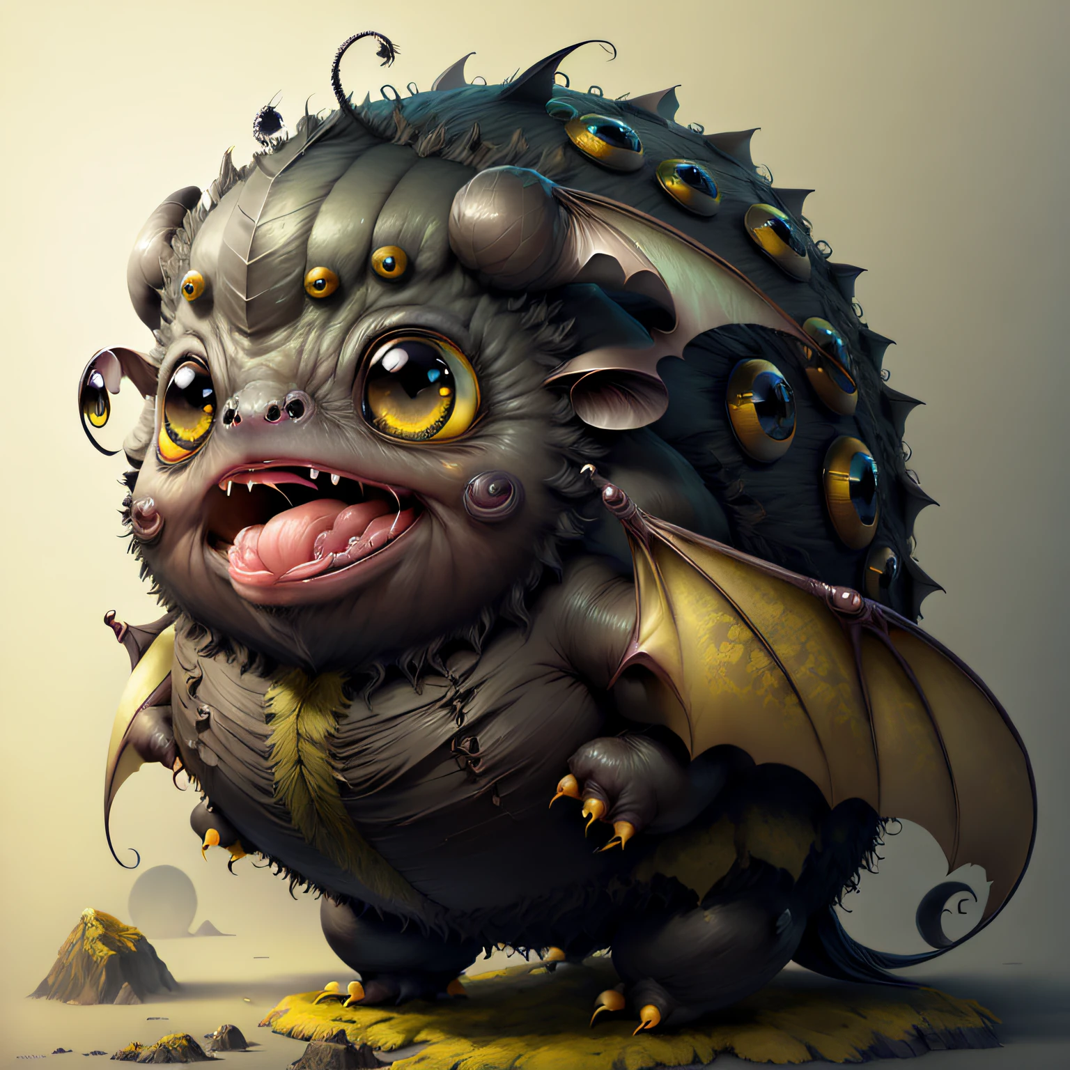 Concept Art Cu73Cre4ture tardigrade　、banya、Black body、yellow  eyes、large mouth、bat wings on the back,、Big open mouth、tusk、