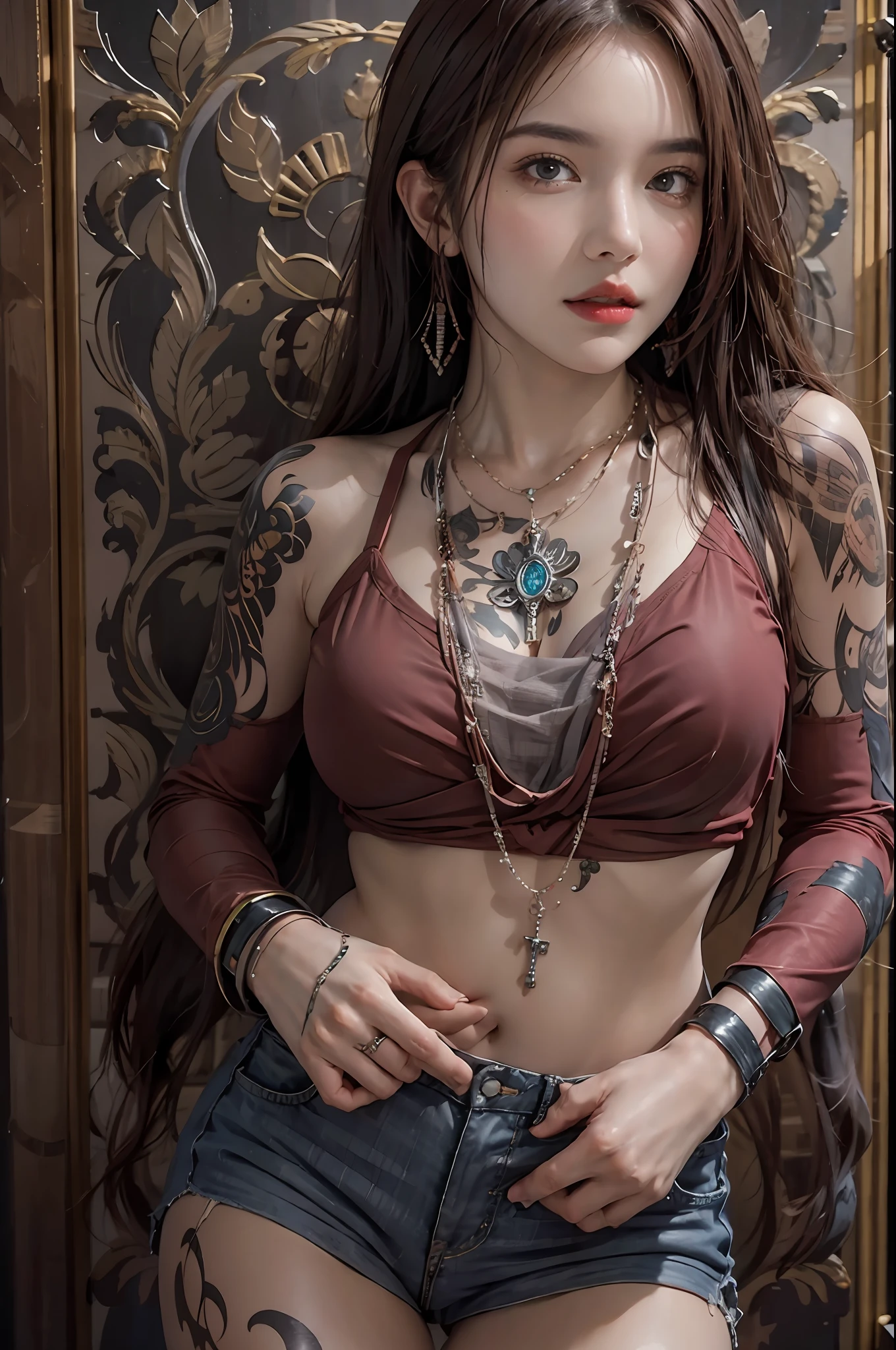 photorealistic, high resolution, 1women, solo, hips up, look at viewer, (detailed face), superstar, tattoo, jewelry