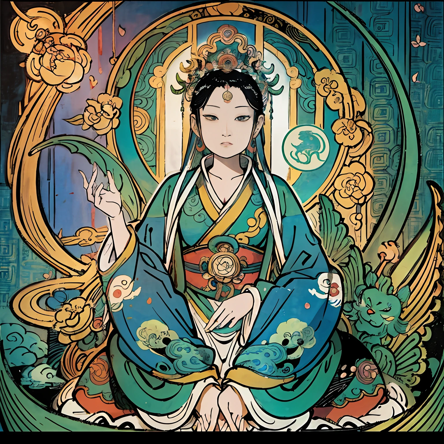 Guanyin sits on a lotus throne, Guanyin Bodhisattva, Avalokitesvara, lotus flowers in the foreground, Clear fingers, Clear and distinctive toes, Clear and vivid facial features,jewelry, leafs,Oriental dragon in the background