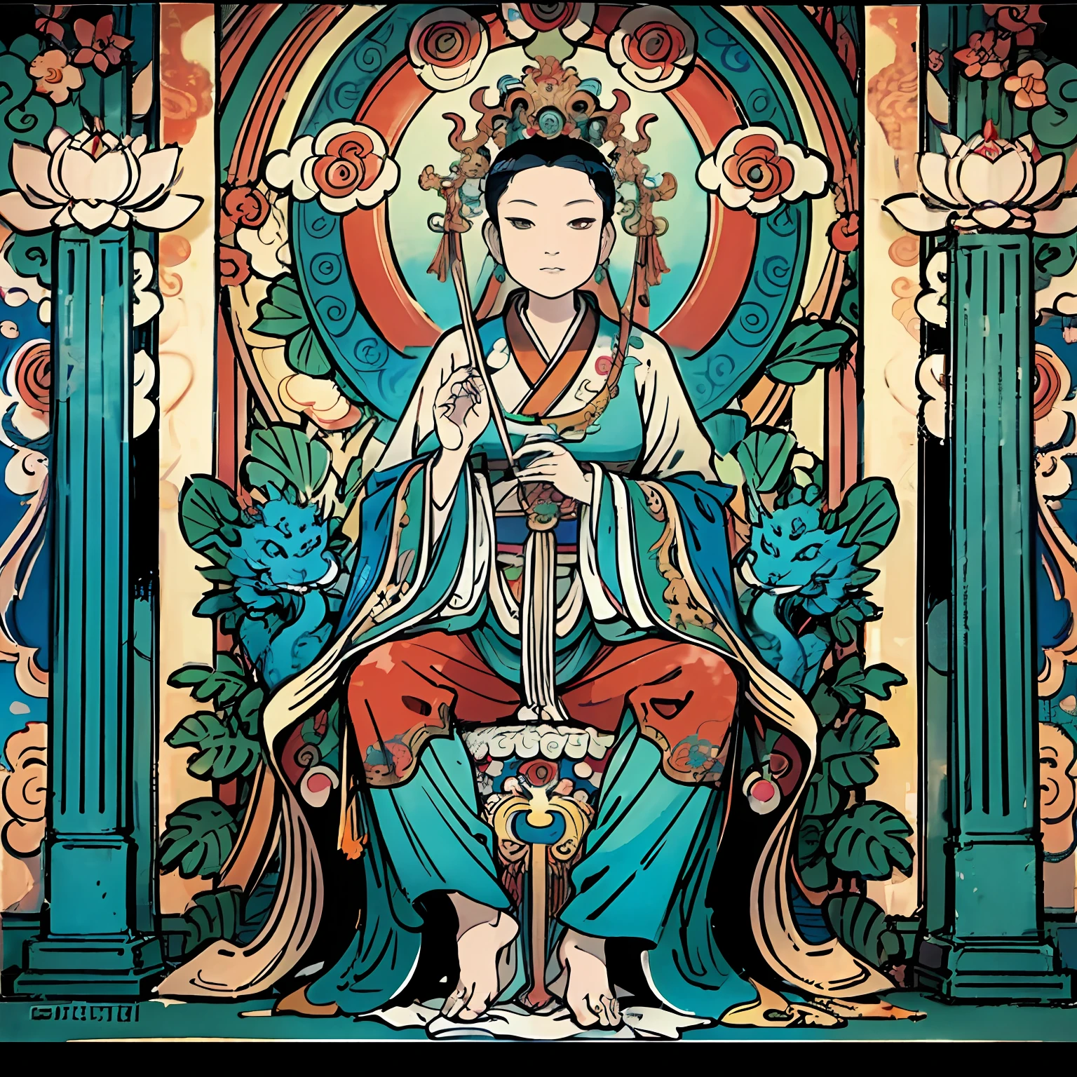 Guanyin sits on a lotus throne, Guanyin Bodhisattva, Avalokitesvara, lotus flowers in the foreground, Clear fingers, Clear and distinctive toes, Clear and vivid facial features,jewelry, leafs,Oriental dragon in the background