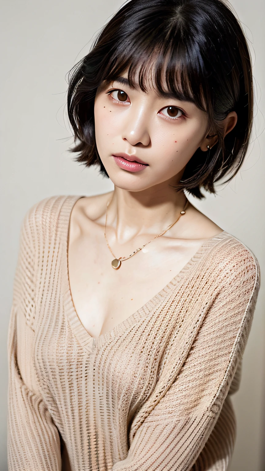 (Best quality, 8k, 32k, Masterpiece, UHD:1.2),Photo of Pretty Japanese woman, large breasts, very short bob hair,upper body,face focus,oversized_sweater, necklace, simple background, from above, looking at viewer,