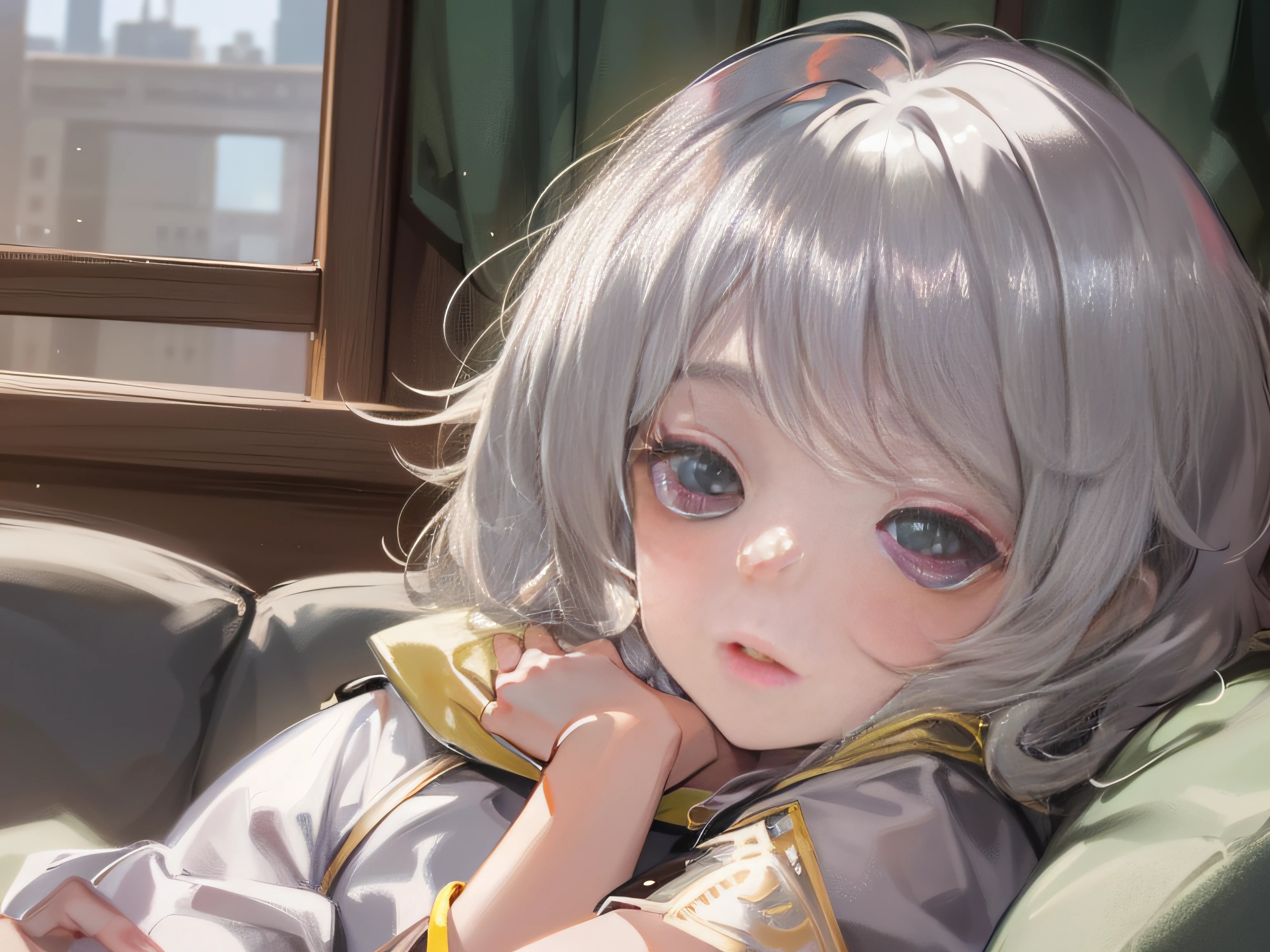 A 5-year-old girl with short silver hair and white half-sleeves，lying on sofa，With a dull expression，Public Security Bureau。grand master，tmasterpiece，8k wallpaper，CG，Ultra-high image quality，light and shadow effect