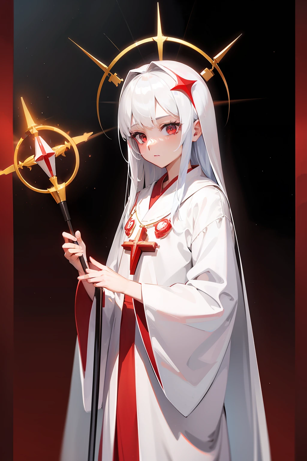 1 beautiful spatula priest, red and white priest robe, hight detailed, ray tracing, space background, perfect, ultra high detailed, highly detailed face, saint halo