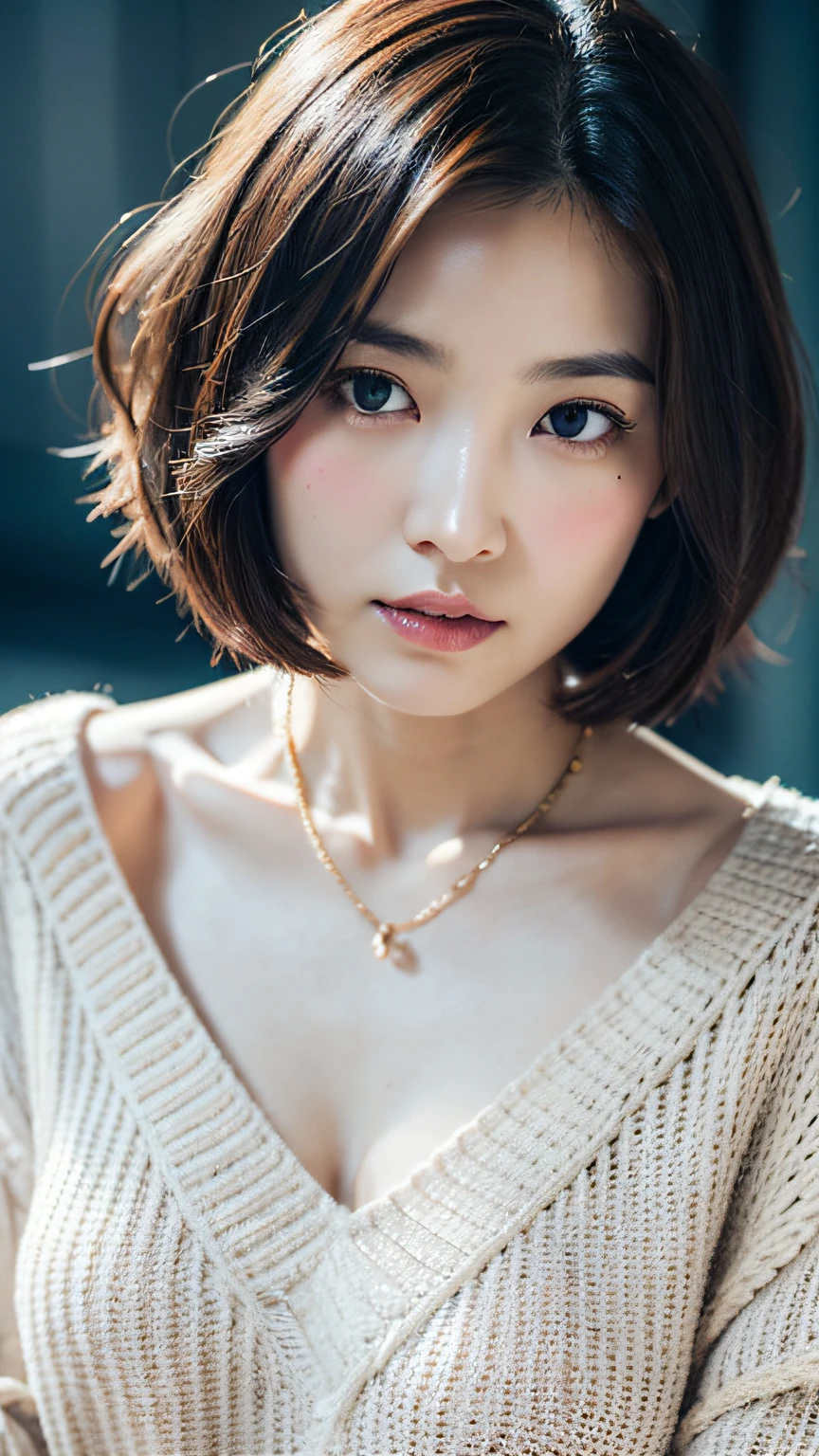 (Best quality, 8k, 32k, Masterpiece, UHD:1.2),Photo of Pretty Japanese woman, large breasts, very short bob hair,upper body,face focus,oversized_sweater, necklace, simple background, from above, looking at viewer,