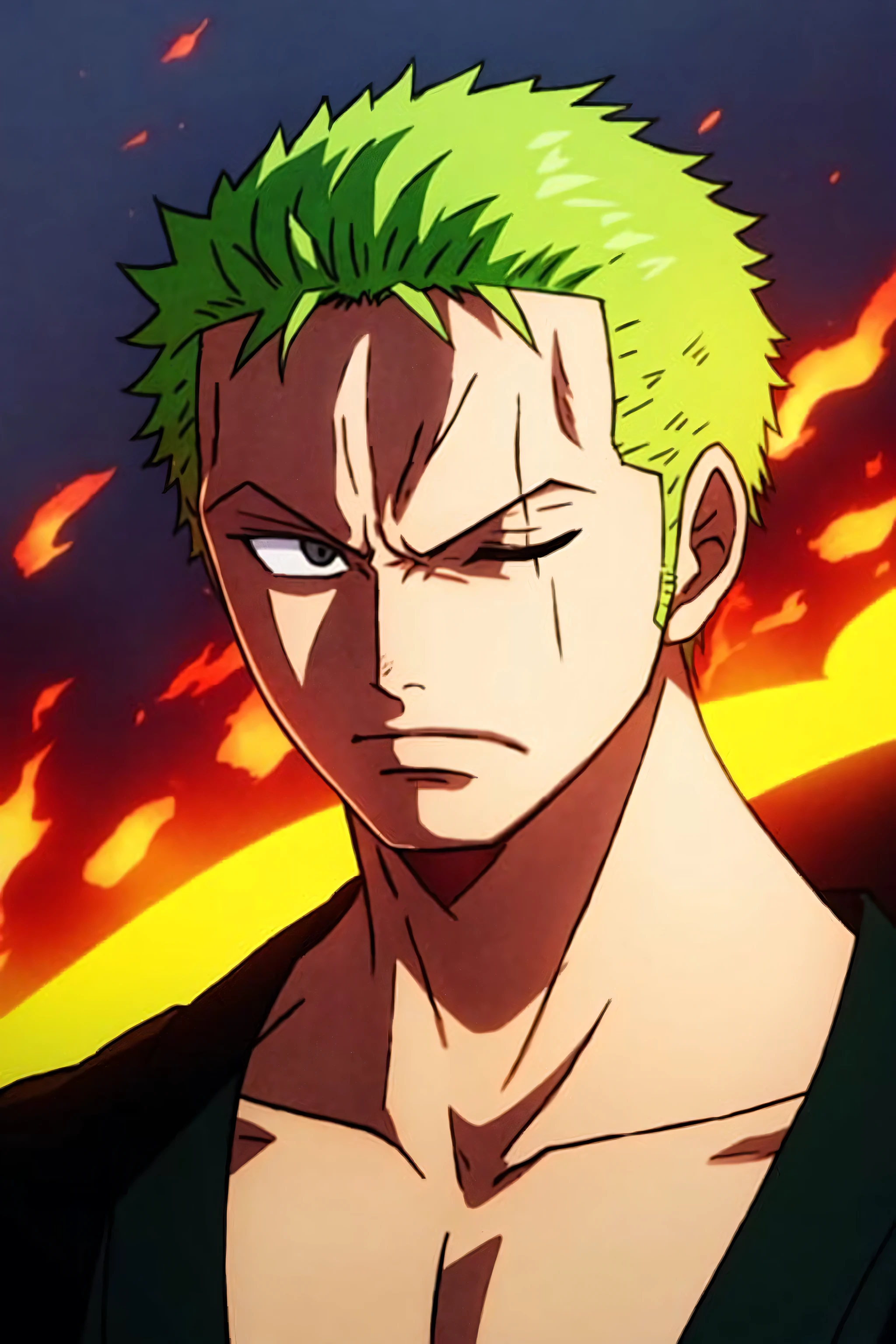 1boy, wanostyle, roronoa zoro, angry looking, katana, (one eye closed), scar across eye, green hair. solo, upper body, (((masterpiece))), ((best quality)), (extremely detailed), watercolor, illustration, depth of field, sketch, dark intense shadows, sharp focus, soft lighting, hdr, colorful, good composition, fire all around, spectacular, black eyes, japanese clothes,