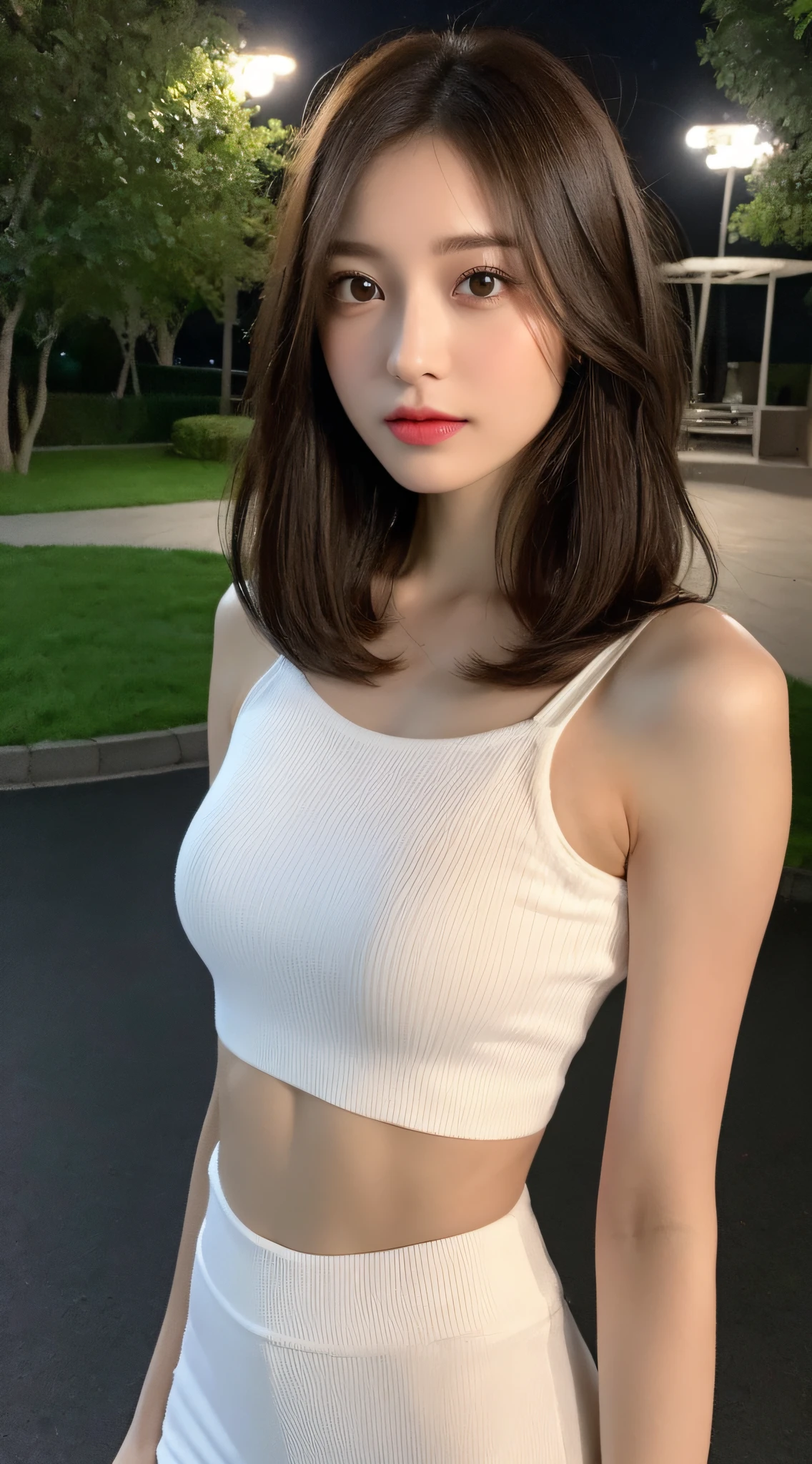 ((Realistic lighting, Best quality, 8K, Masterpiece: 1.3)), Clear focus: 1.2, 1girl, Perfect beauty: 1.4, Slim abs: 1.1, ((Dark brown hair)), (White crop top: 1.4), (Outdoor, Night: 1.1), Park view, Super fine face, Fine eyes, Double eyelids,