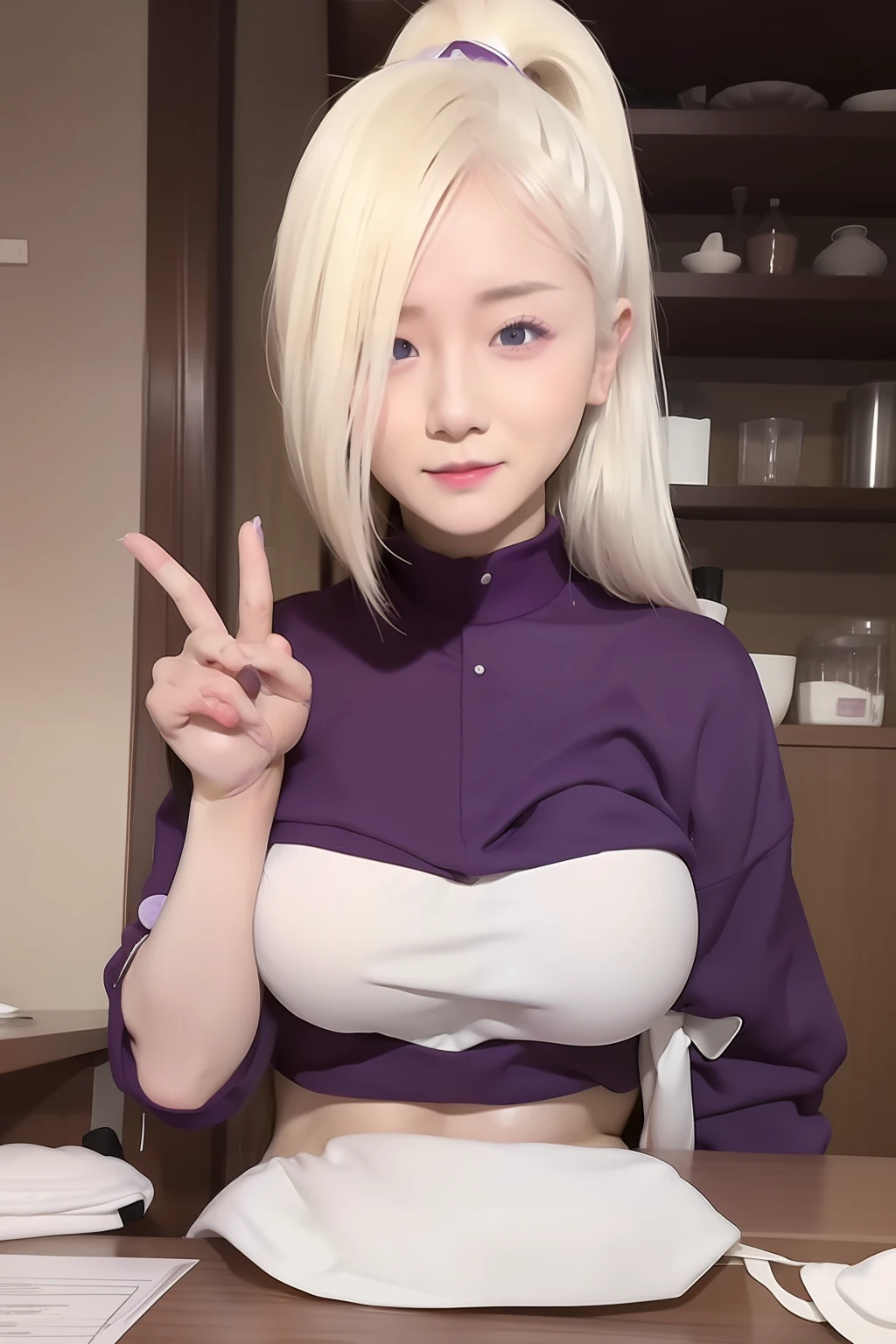 Ino yamanaka. A woman was sitting in the room. He was dressed in white and purple. She had a whipped cream. His skin is so white. Her cheeks were rosy. And her lips are tantalizing red. He looked at the camera. His expression seemed angry. But she looks so beautiful and realistic