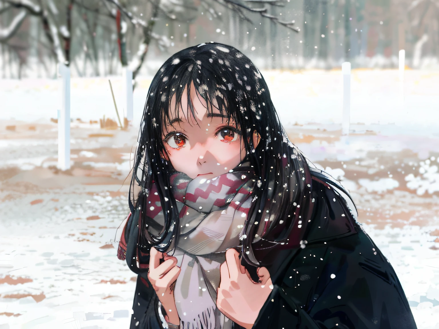 Araki woman in black coat and scarf standing in the snow, in snow, only snow i the background, In the snow, nevando, inspired by Ma Yuanyu, snowing outside, snowfall, snow snow, xintong chen, Light snow, wenfei ye, blanketed in a mantle of snow, Covered with snow, snowy day, Cold snow outside, (Snow)