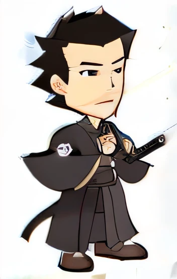 Cartoon of a man in black robes with a sword, itatchi uchiha, inspired by Shūbun Tenshō, tsurumaki kazuya, samurai jedi, shikanosuke yagaki, inspired by Masanobu Okumura, okabe rintarou, The waiter is a wanderer, miyamoto musashi