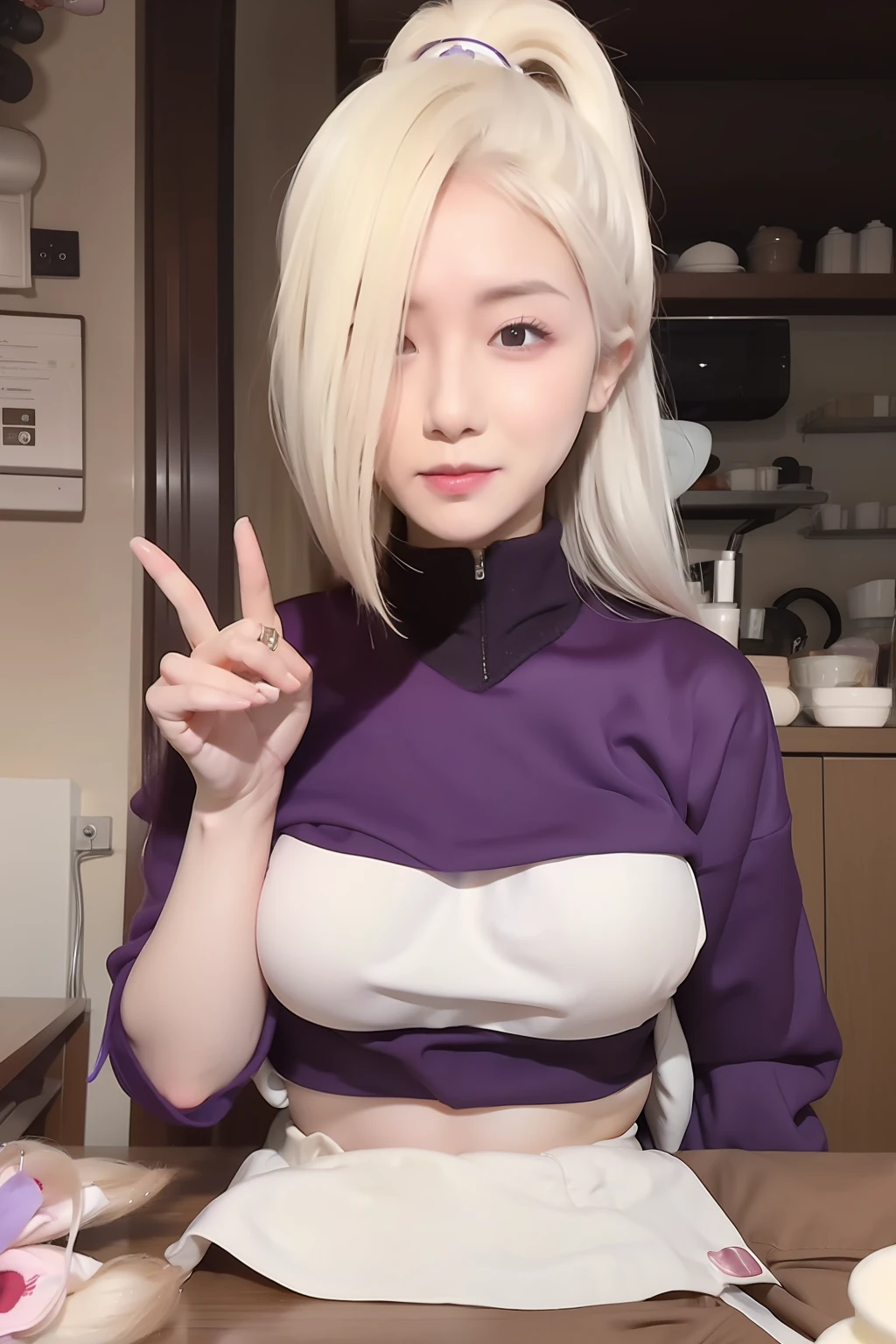 Ino yamanaka. A woman was sitting in the room. He was dressed in white and purple. She had a whipped cream. His skin is so white. Her cheeks were rosy. And her lips are tantalizing red. He looked at the camera. His expression seemed angry. But she looks so beautiful and realistic
