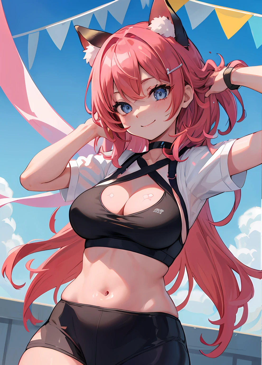 Volumetric lighting、Best Shadows、Shallow depth of field、Portrait of an amazingly beautiful girl、小柄、Delicate Beautiful Attractive Face、a smile、Nice medium breasts、Thick lashes、Applejack Hat、Sportsbra、Open navel、slim waist、Sports tights、Outdoor units、is standing、(top-quality、amazing detailed:1.25)、(独奏:1.3)、Vivid colorful and beautiful detailed eyes、1girl in、bangss、blue_eyes、Braids、red_hair、 pink_hair、short_hair、medium_hair、hair_between_eyes、hair_ornament、hair clips、a choker、detaileds、Detailed skin、shinny skin、masterpiece、full bodyesbian、Photorealsitic、illustratio、(a closeup:1.4)、gals
