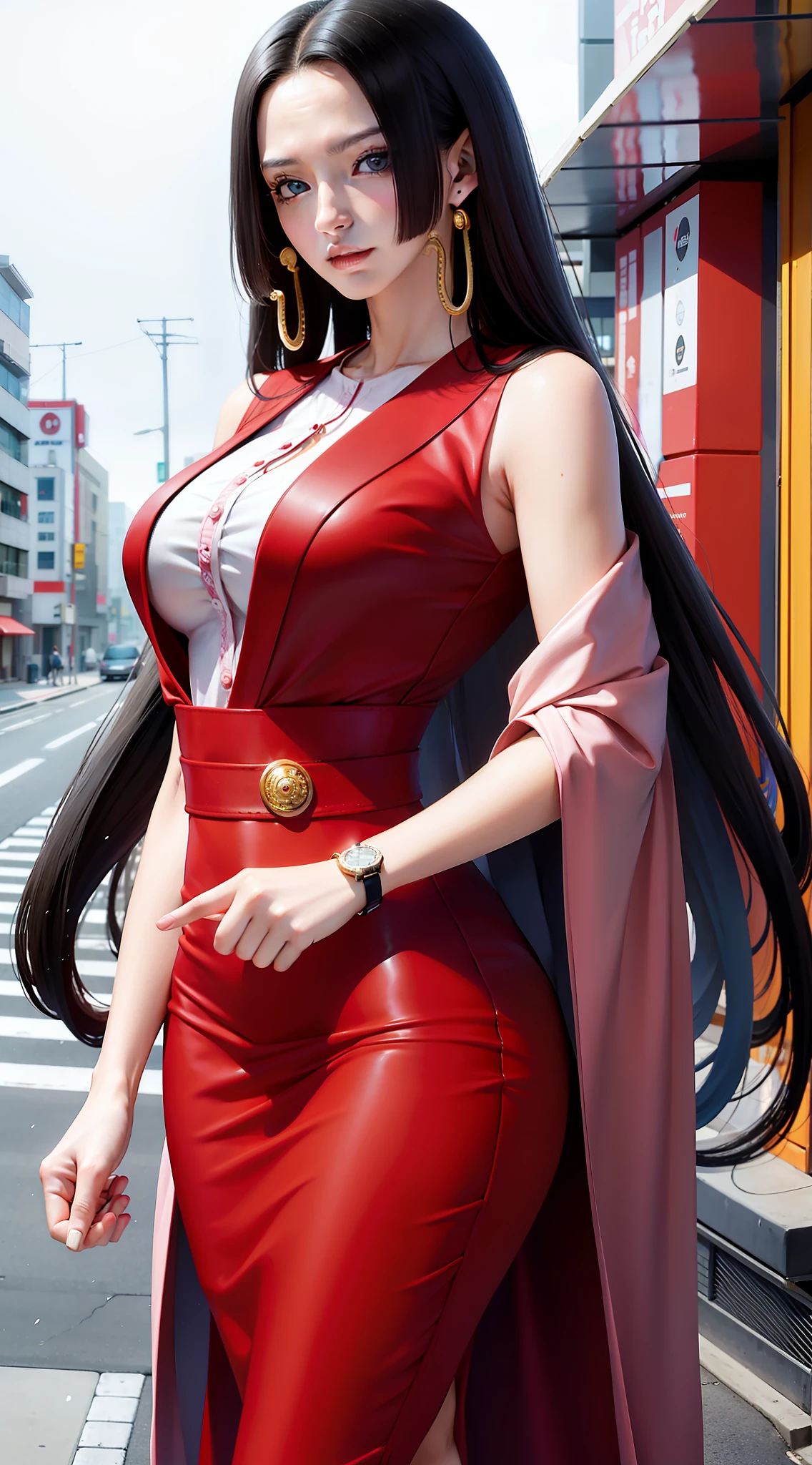 boa hancok from anime one piece, long hair, black hair, pretty, beautiful woman, wearing earrings, wears a watch on her left hand, perfect body, standing, wearing red formal shirt, wearing white formal suit, red pants, wears formal dress, looking at the audience, smiling, being in the city of tokyo, brada on the side of the road, in a public place