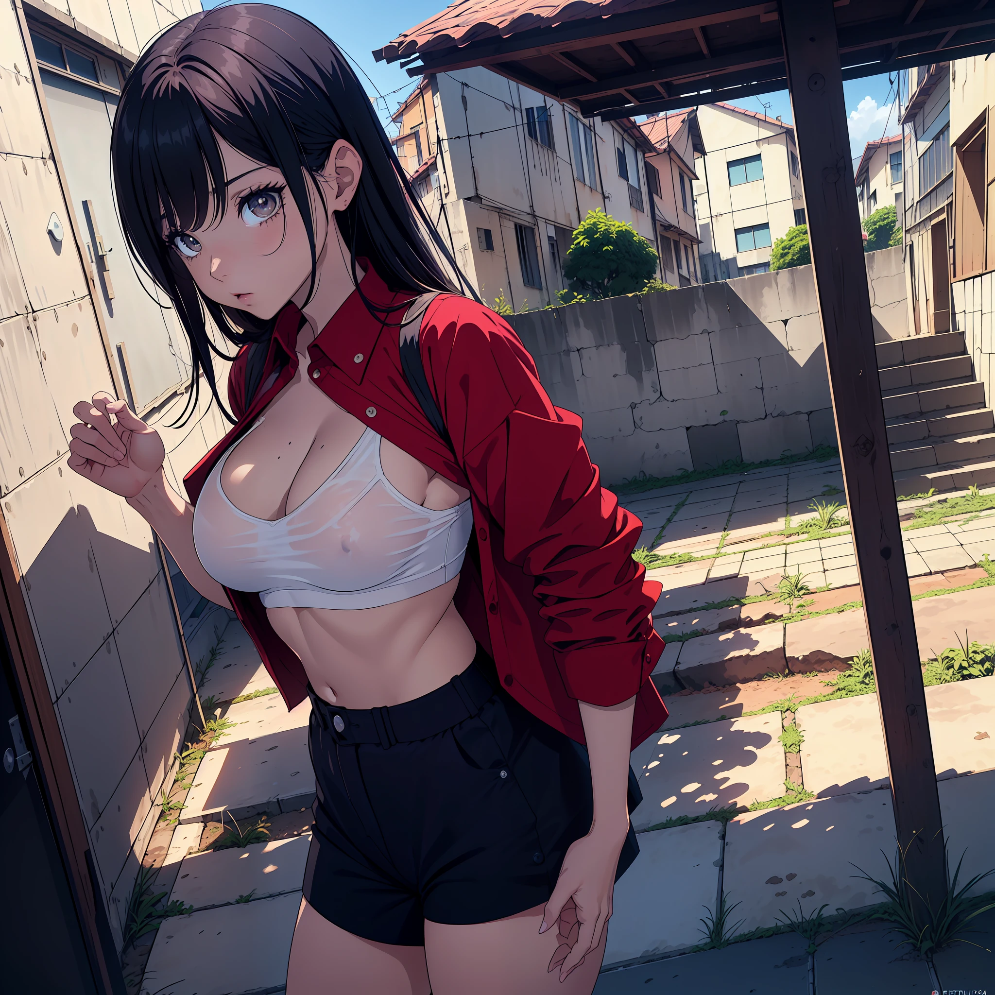 ((obra-prima)),(melhor qualidade),(detalhado),(1 mulher), (estilo anime 8k), sedutora, cabelo red, olhos azuis, camisa branca, (corpo meticulosamente detalhado), peitos grandes, Building, waifu, olhando para o espectador