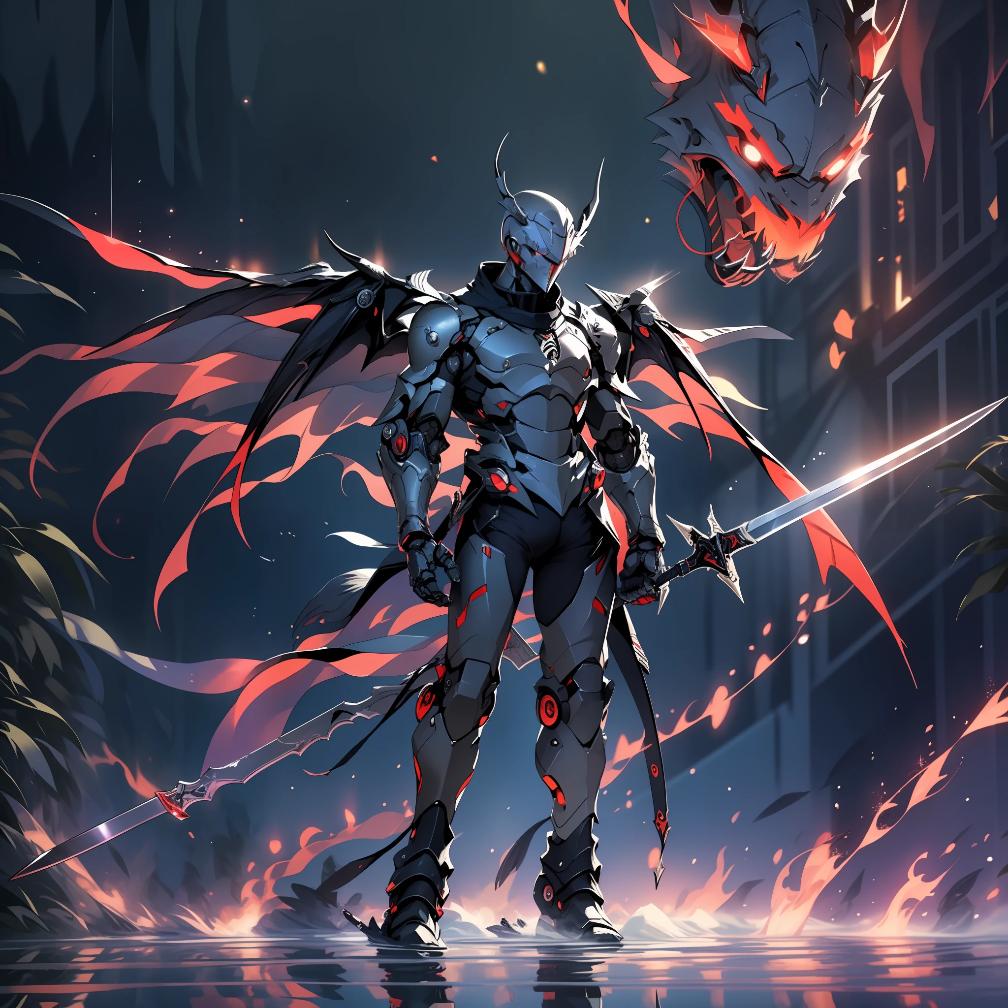 The knight with the sword in front has wings, reflection light, red power, glitter, semi robot, not human, dark light, glowing back