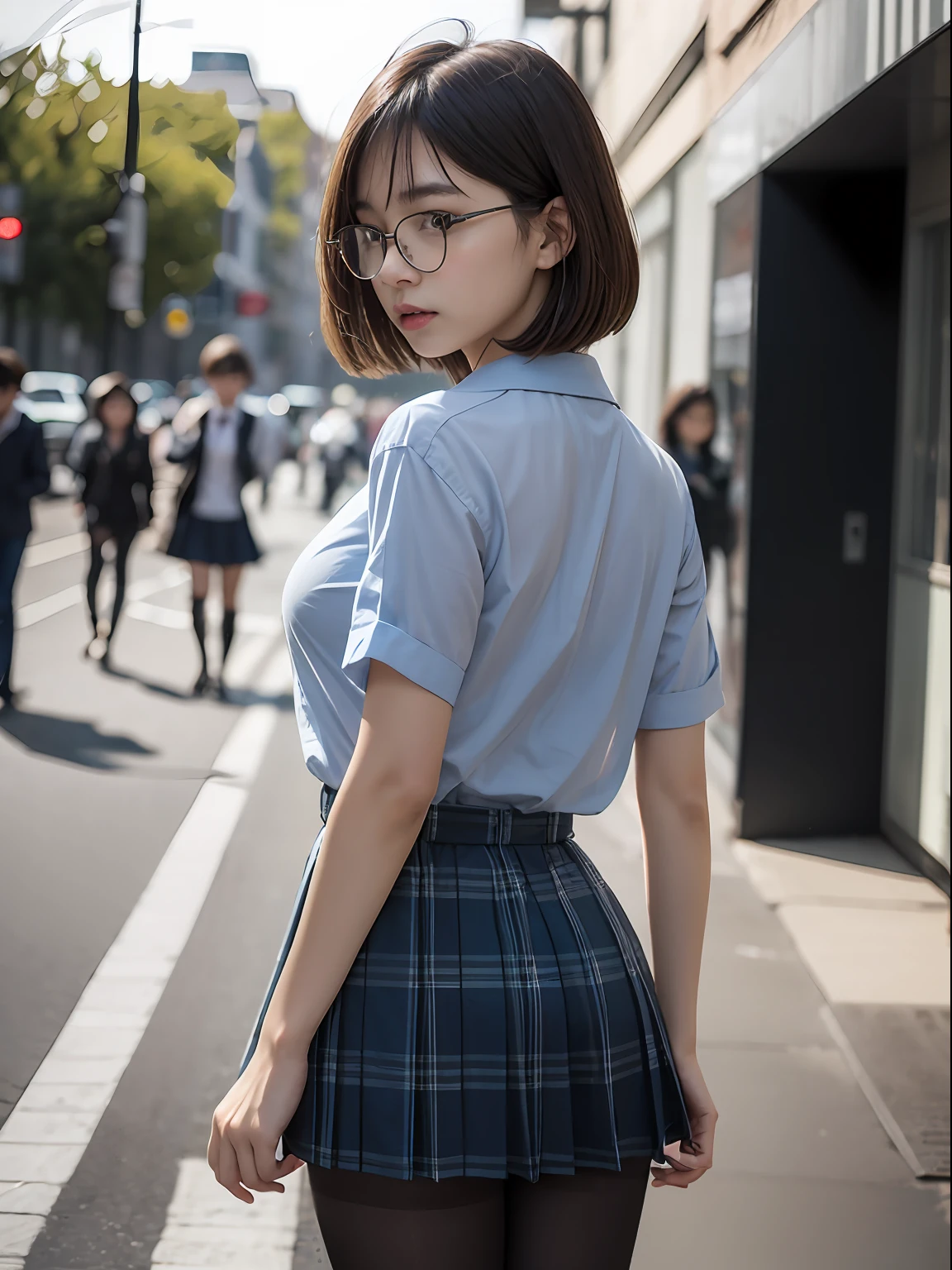 (8K、Raw photography、top-quality、masterpiece:1.2),big butts,Peach-butt,Bullish,Muchimuchi,Erotic,Pupils,Light Blue Bra,de pele branca,kne,(Black pantyhose),absurderes,a small face,small tits,flat breast,Parting the bangs from the middle、Forehead visible,(a cold expression,Tight eyes,glares,Bullish,skinny,Rasping,irate)、masterpiece,top-quality、超A high resolution,Raw photo,ren,Beautiful fece,One Person, 独奏,eye glass,,Dark look,Small breasts,fullllbody,Round glasses、cute little、Back to Student,JK school uniform,hi-school girl,A Japanese Lady,is standing,(Photorealsitic:1.37)、Photon mapping,Realistic、Cute little face,Brown-eyed、Black socks、(Red bow tie)、Radio City、Physically Based Rendering、Foreground、depth of fields、Blurry background、a picture,The girls、Body,beauty legs, Long legs, Thin leg,Long bob cut,(Bangs are visible), hair, s lips, Blue_The eye, nosesoft,(Light blue shirt), (Navy and blue and white plaid pleated skirt), Knees are visible,Sheer clothing,, Thigh, Black cotton socks,Nogizaka Idol, 女優, Japanese ido