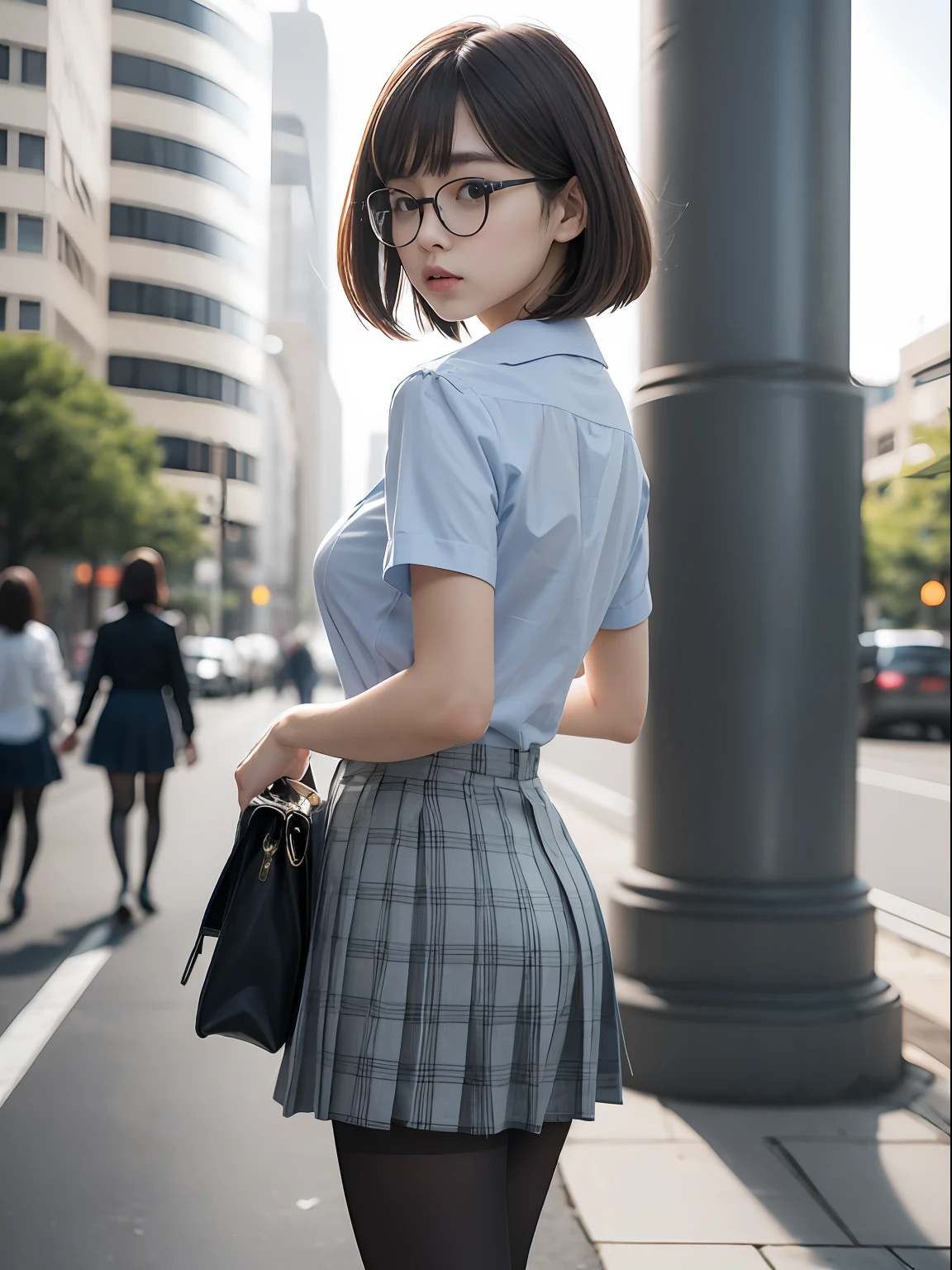 (8K、Raw photography、top-quality、masterpiece:1.2),big butts,Peach-butt,Bullish,Muchimuchi,Erotic,Pupils,Light Blue Bra,de pele branca,kne,(Black pantyhose),absurderes,a small face,small tits,flat breast,Parting the bangs from the middle、Forehead visible,(a cold expression,Tight eyes,glares,Bullish,skinny,Rasping,irate)、masterpiece,top-quality、超A high resolution,Raw photo,ren,Beautiful fece,One Person, 独奏,eye glass,,Dark look,Small breasts,fullllbody,Round glasses、cute little、Back to Student,JK school uniform,hi-school girl,A Japanese Lady,is standing,(Photorealsitic:1.37)、Photon mapping,Realistic、Cute little face,Brown-eyed、Black socks、(Red bow tie)、Radio City、Physically Based Rendering、Foreground、depth of fields、Blurry background、a picture,The girls、Body,beauty legs, Long legs, Thin leg,Long bob cut,(Bangs are visible), hair, s lips, Blue_The eye, nosesoft,(Light blue shirt), (Navy and blue and white plaid pleated skirt), Knees are visible,Sheer clothing,, Thigh, Black cotton socks,Nogizaka Idol, 女優, Japanese ido