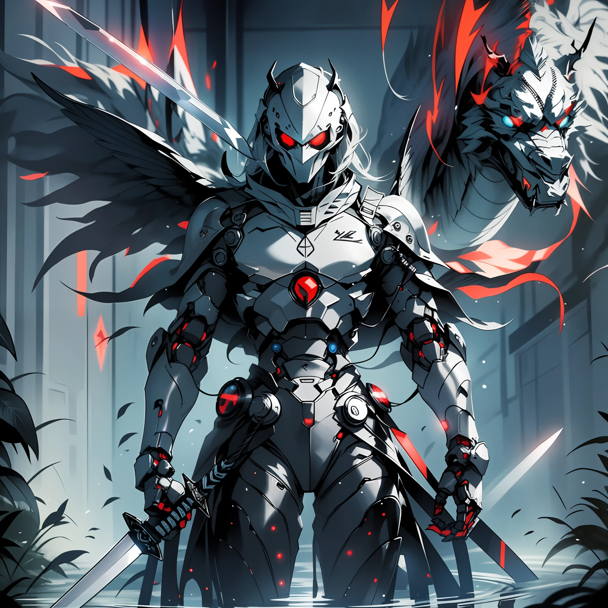 The knight with the sword in front has wings, reflection light, red power, glitter, semi robot, not human, dark light, glowing back