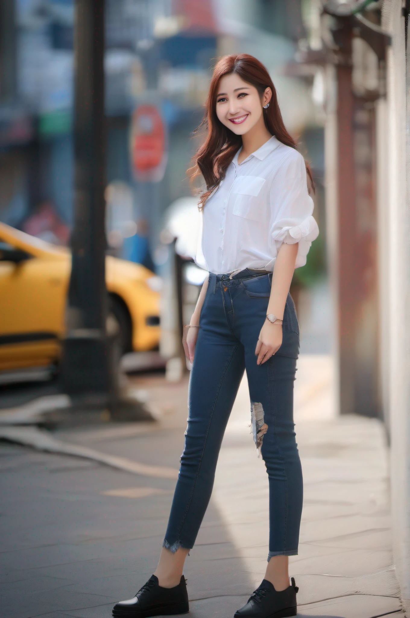 真实感,high qulity,tmasterpiece,super detailing,A girl smiles at the camera,full bodyesbian,street corner。