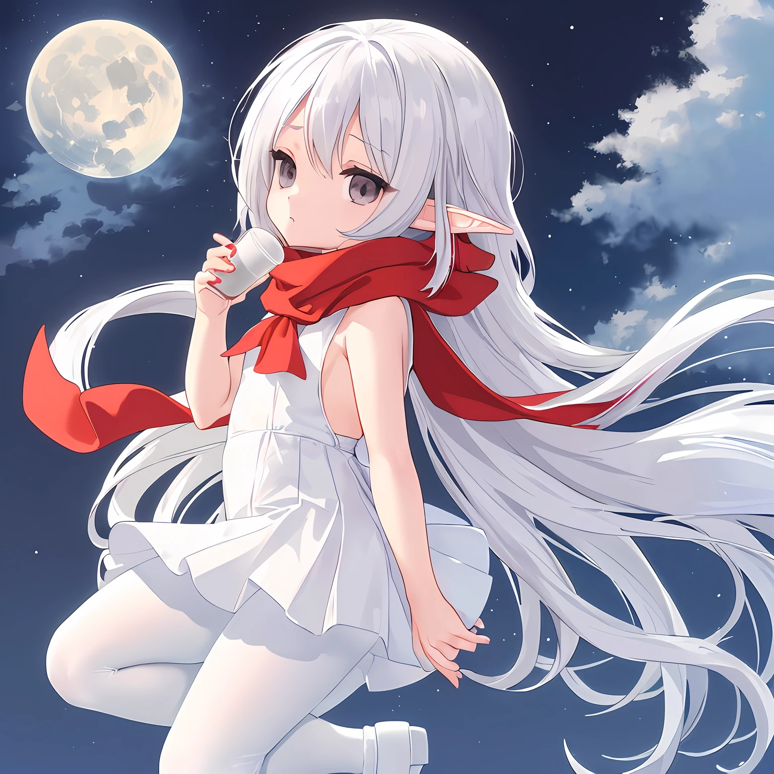 simple background、((white backgrounid))、pointy ear、((Snowy Elves))、Lori、toddlers、6years old、(((Chibi)))、sticker style、child's body、flat breast、(Cute girl in red scarf)、White hair、((grey  eyes))、White coat、white skirt、((big breasts 
White  pantyhose))、White fur boots、((Full white dress))、tilt of the head、Drink hot drinks、from side、
deadpan、looking at the viewers、Very long hair、The upper part of the body、Background with moon, night sky and sea of clouds、hair is short