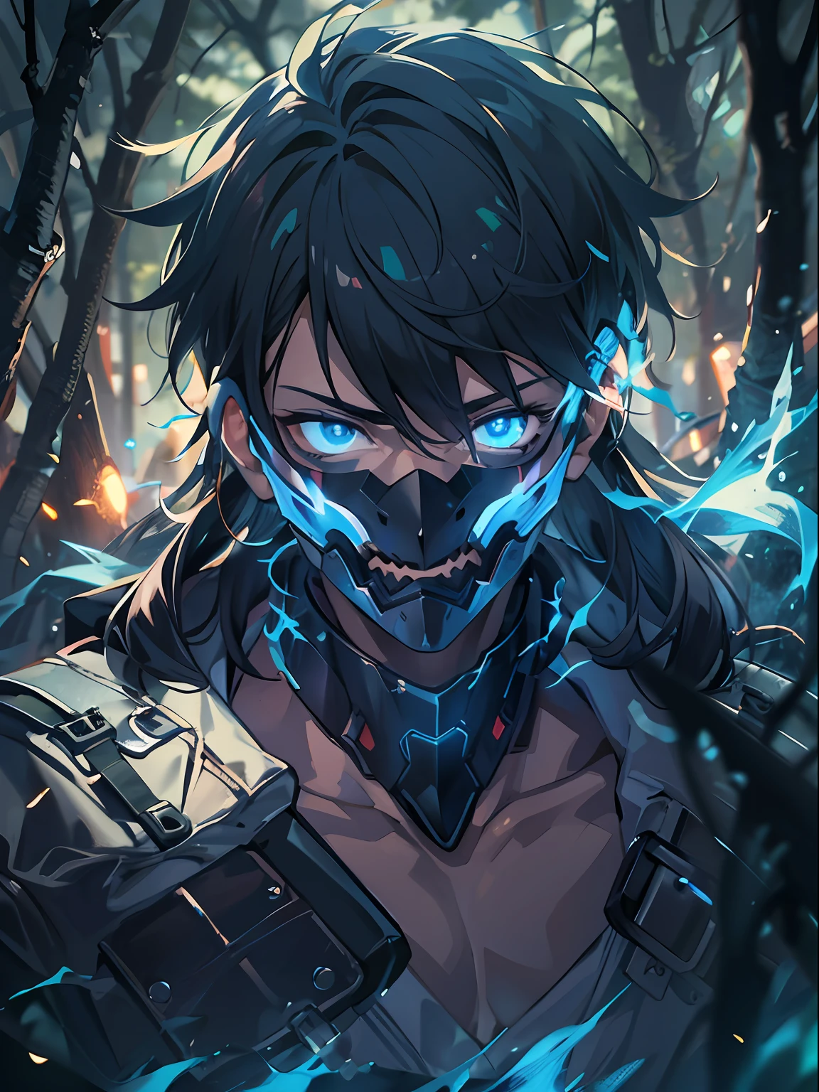 A young male teenager with a japanese ghost mask holds blue fire, wears japanese black light armor, in the dark forest, cinematic lighting, depth of field, glowing light, ray tracing, reflection light, close-up, masterpiece, masterpiece, high quality, best quality, high details, ccurate, anatomically correct, textured skin, UHD, highres, 1080P