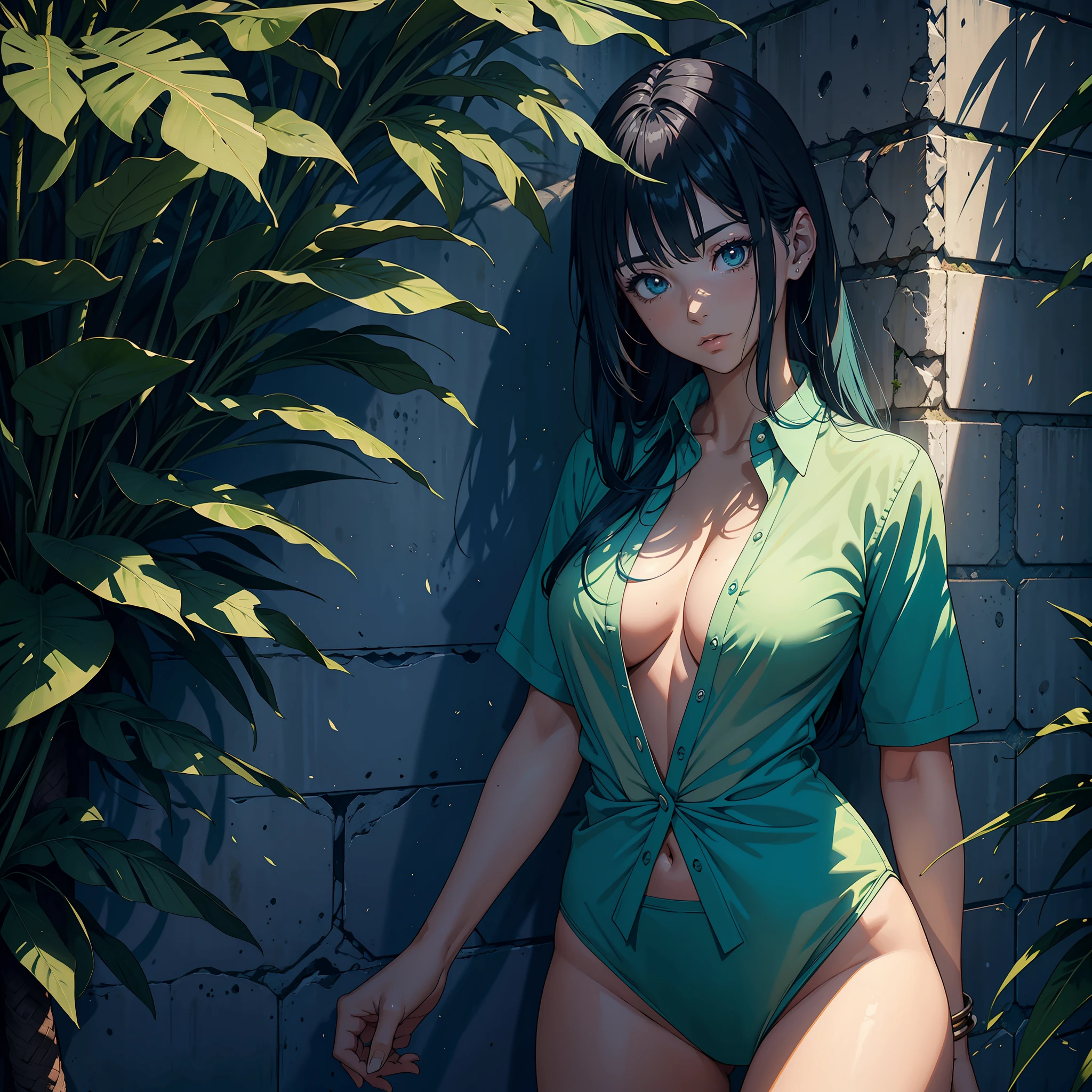 "(1 mulher bonita), sedutora, cabelo azul, olhos verde, camisa branca transparente, (Estilo anime 8k), (imagem ultra detalhada), quarto de hotel, (corpo meticulosamente detalhada, with amazing textures and shadows)"