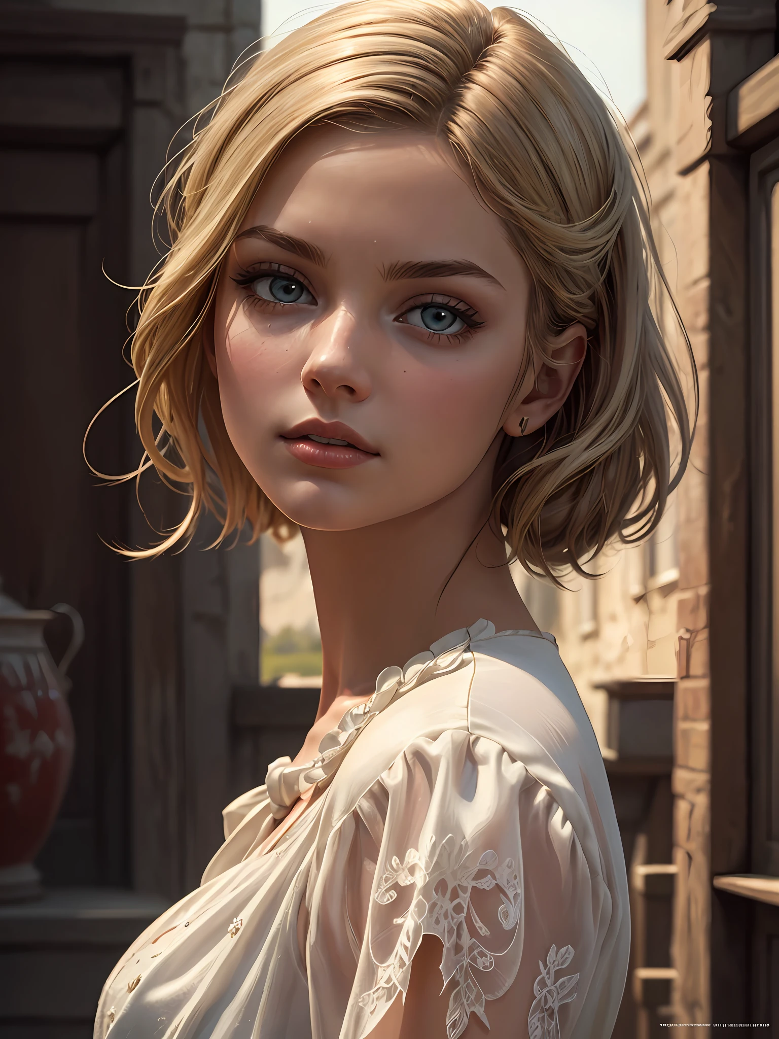 (masterpiece), (best quality), ((ultra-detailed)), (hyperrealistic), (highly detailed photo), cinematic lighting, photorealistic, extremely beautiful young lady in European countryside, intricate detailed white dress, shining, gloss, crisp, flirty, epic, focus, high contrast, artistic