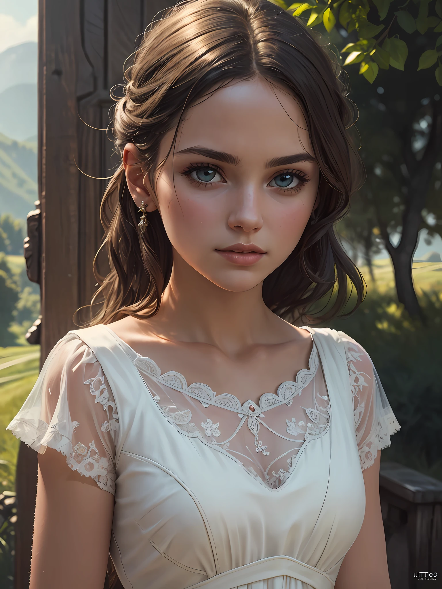 (masterpiece), (best quality), ((ultra-detailed)), (hyperrealistic), (highly detailed photo), cinematic lighting, photorealistic, extremely beautiful young lady in European countryside, intricate detailed white dress, shining, gloss, crisp, flirty, epic, focus, high contrast, artistic