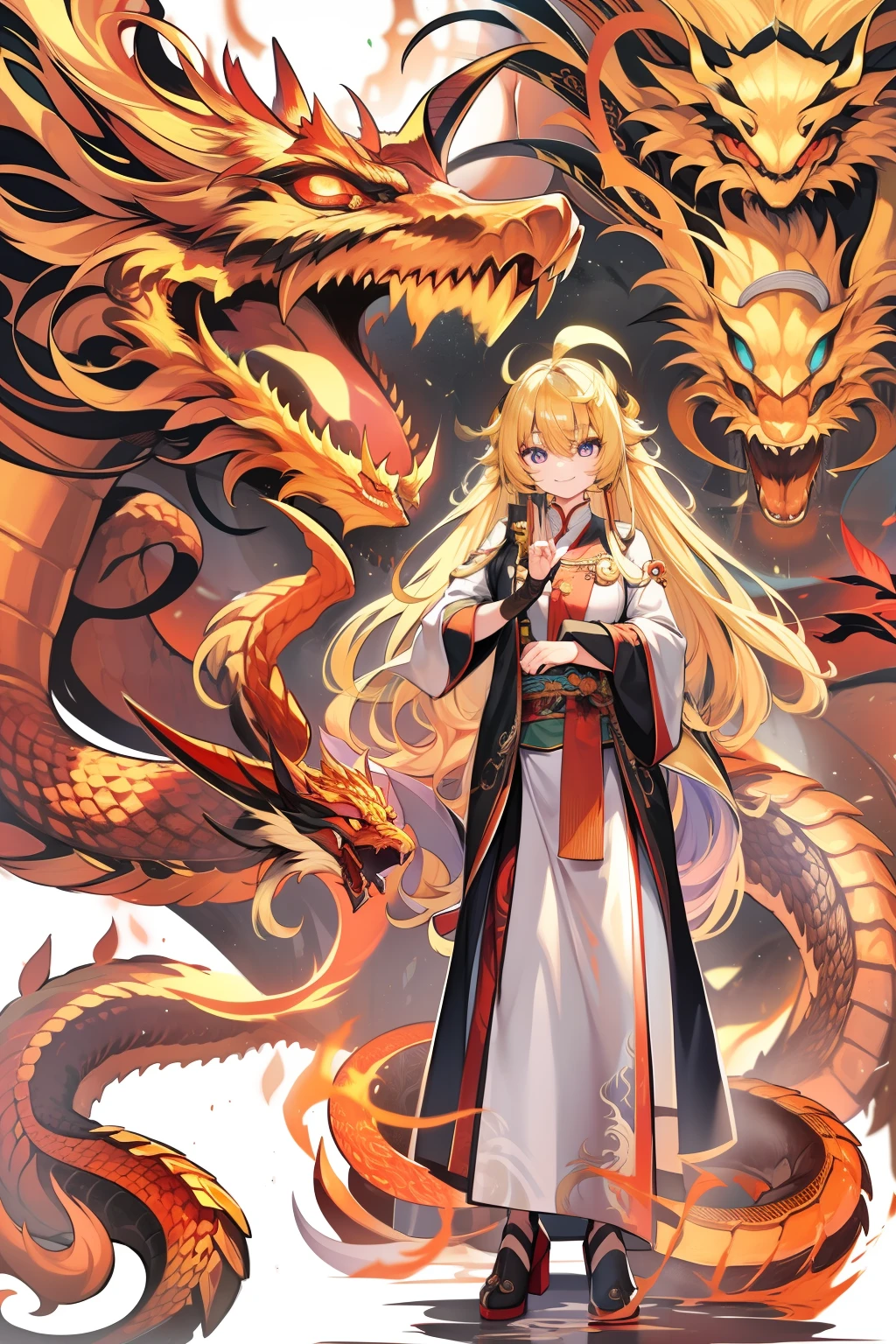 golden hair,Taoist robes,Psychological smile,large tall,Killer eyes,Golden pupils,The golden dragon,emperor,Domineering,Surrounded by a five-clawed golden dragon。