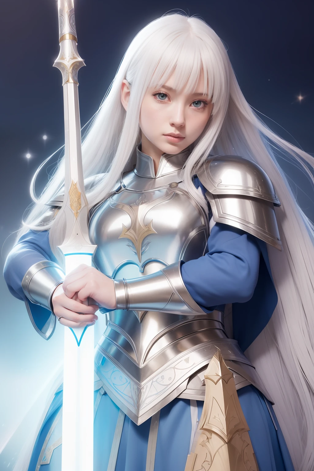 There is a drawing of a woman in armor with a sword, in opal armor, armor girl, knights of zodiac girl, cel - shaded art style, pale blue armor, colored line art, colored line art, pretty female cleric, she holds a sword, colored sketch, White armor, female cleric, Dressed in light armor, female paladin