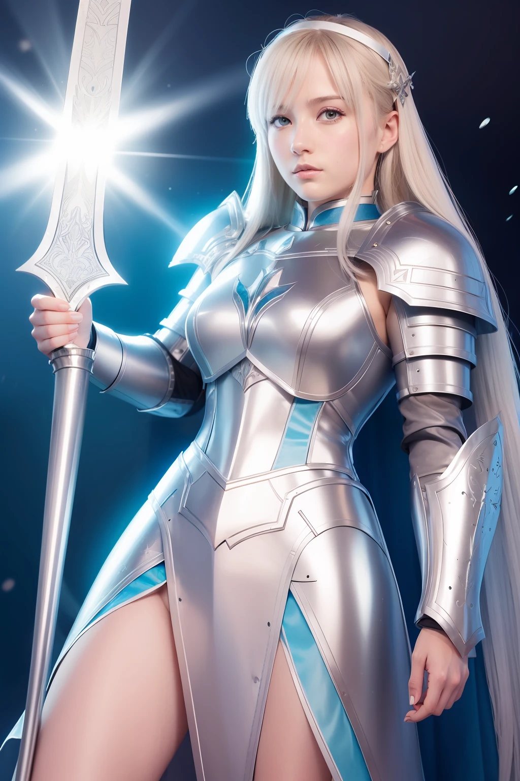 There is a drawing of a woman in armor with a sword, in opal armor, armor girl, knights of zodiac girl, cel - shaded art style, pale blue armor, colored line art, colored line art, pretty female cleric, she holds a sword, colored sketch, White armor, female cleric, Dressed in light armor, female paladin