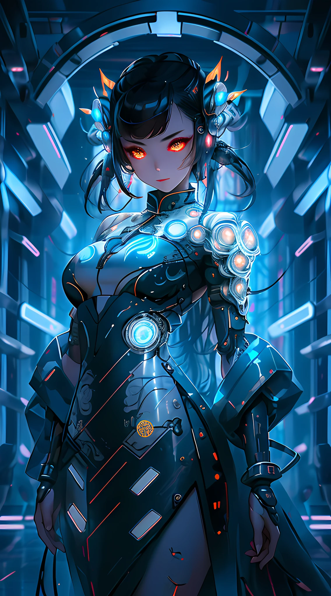 cyberpunk,skyscraper,city,alley,night,moon,beautiful detailed sky,best quality,Amazing,delicate,masterpiece,ultra high res,ultra detailed,highly detailed,intricate detail,beautiful detailed,8k resolution,professional lighting,physically-based rendering,cool,sharp focus,incredibly absurdres,cinematic lighting,ray tracing,1girl,solo,milf,dancer,white eyes,fangs,slit pupils,bright pupils,glint,determined,cyberhanfu,cheongsam, (full of machinery and futuristic element:1.5), futurism,stole,framed breasts,looking at viewer,hair ornament,long hair,silver hair,floating hair,hair strand,expressive hair,standing,gloves,(glowing flower tattoo:1.2)